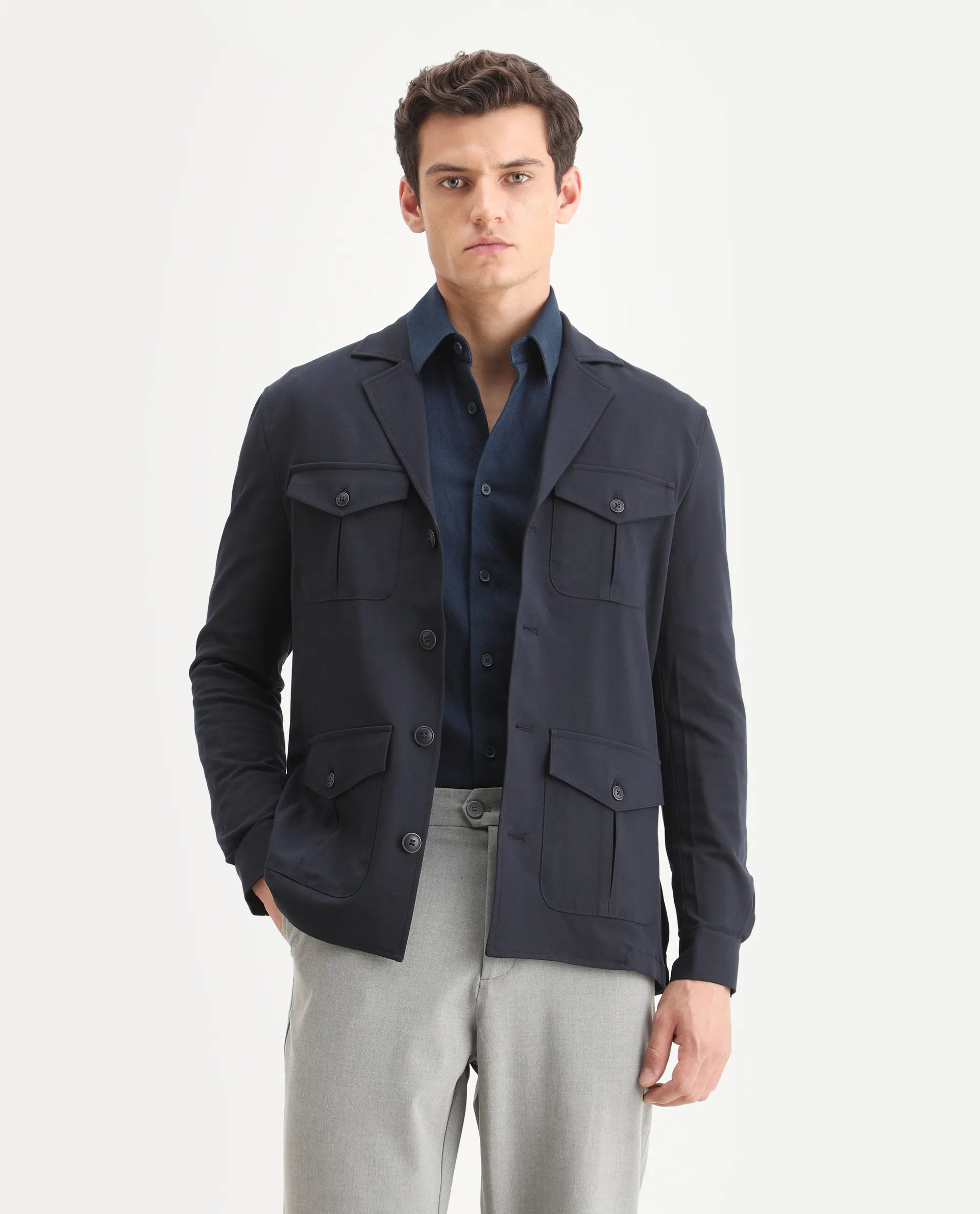 Rare Rabbit Men's Voyage Dark Navy Polyester Plain Tailored Fit Full Sleeve Lapel Neck Jacket