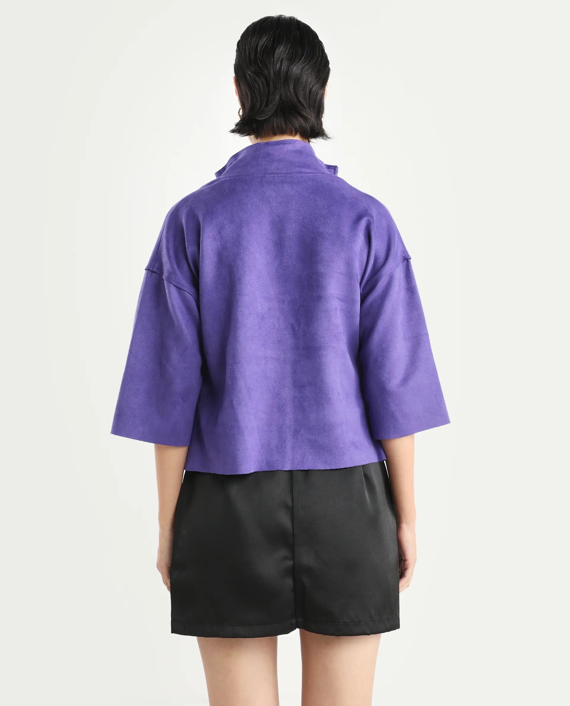 Rareism Women's Vasu 1 Purple Suede Mandarin Collar Plain Regular Fit Jacket