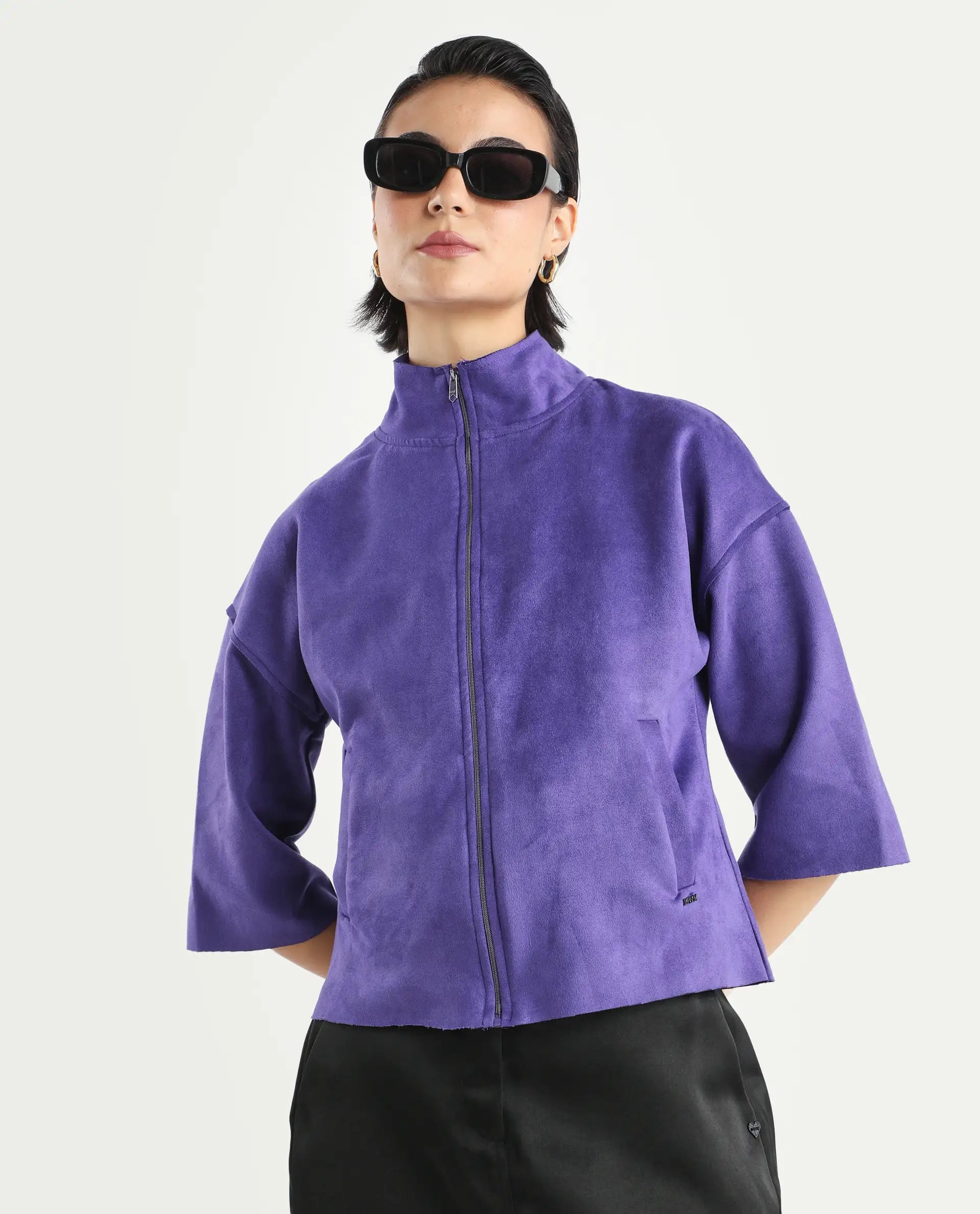 Rareism Women's Vasu 1 Purple Suede Mandarin Collar Plain Regular Fit Jacket