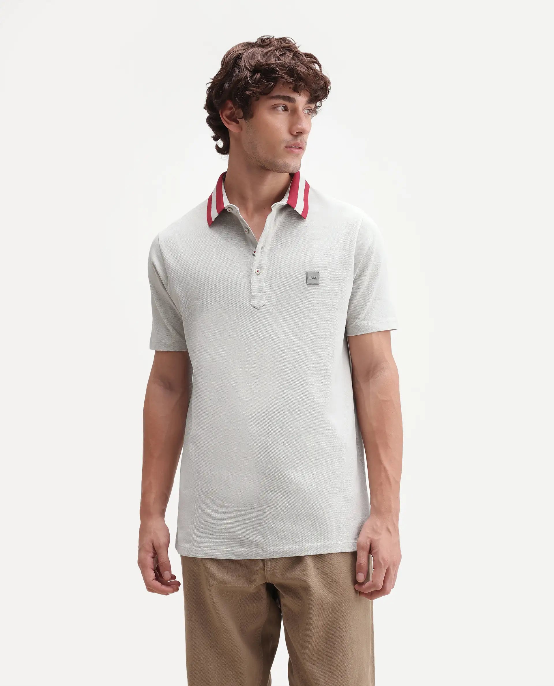 Rare Rabbit Men's Divide Light Grey Cotton Plain Regular Fit Half Sleeve Polo