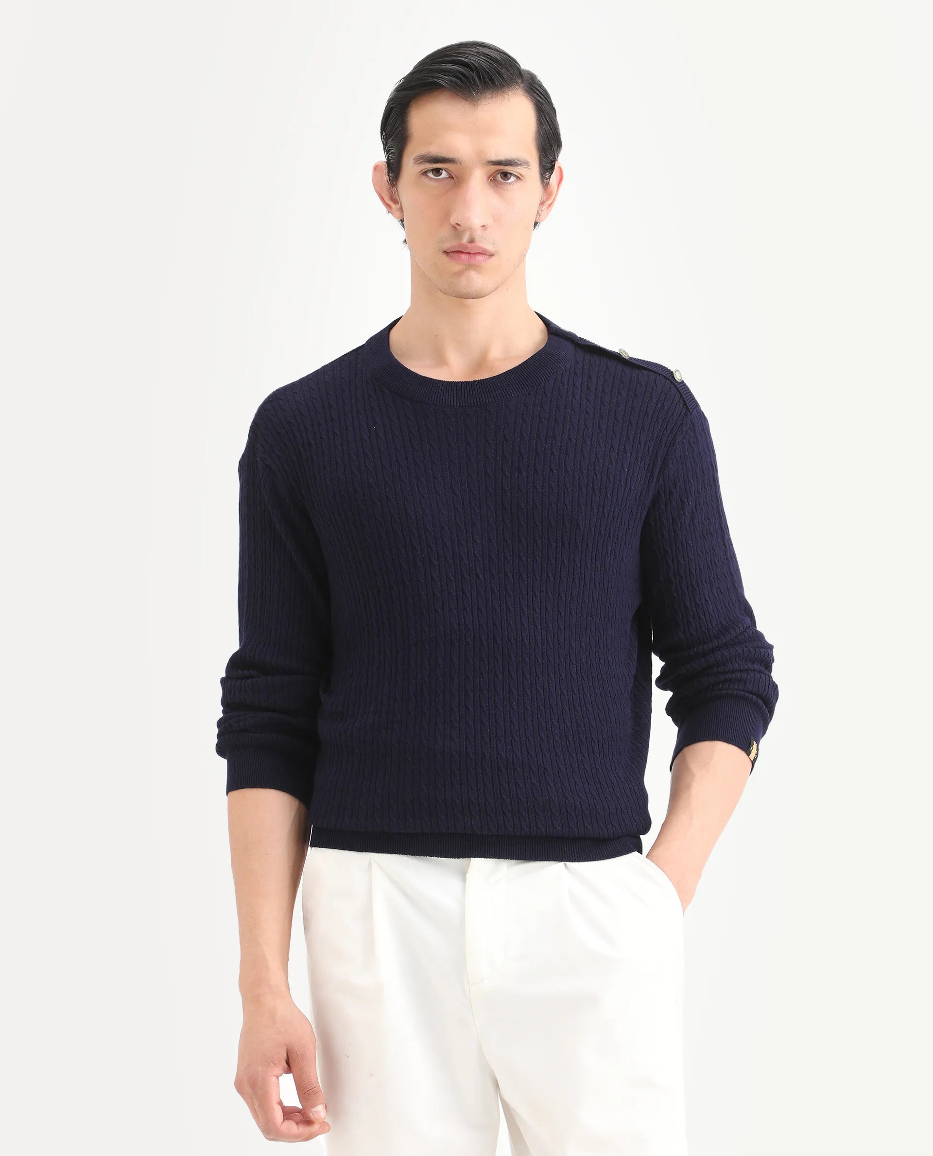 Rare Rabbit Men's Diem Navy Viscose Plain Relaxed Fit Full Sleeve Crew Neck Sweater