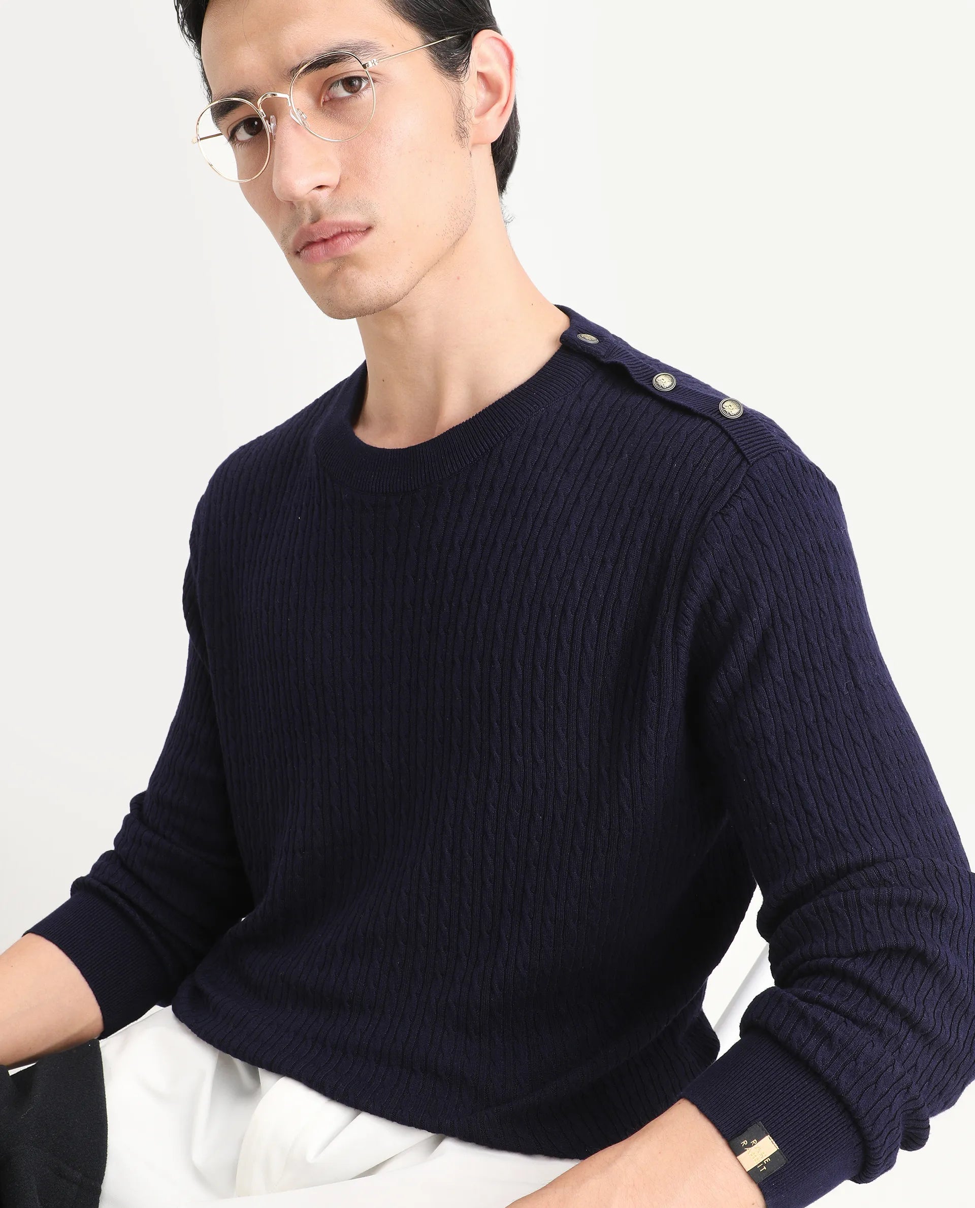 Rare Rabbit Men's Diem Navy Viscose Plain Relaxed Fit Full Sleeve Crew Neck Sweater