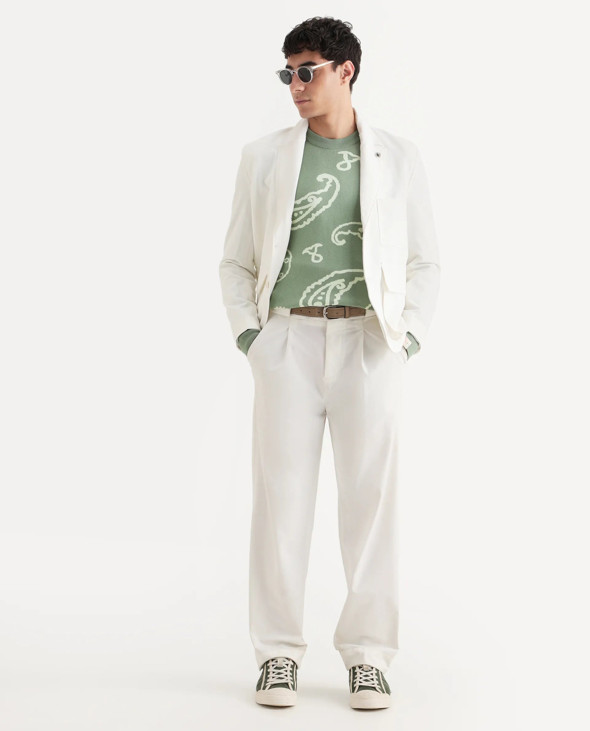 Rare Rabbit Men's Tori Light Green Viscose Jacquard Relaxed Fit Full Sleeve Crew Neck Sweater