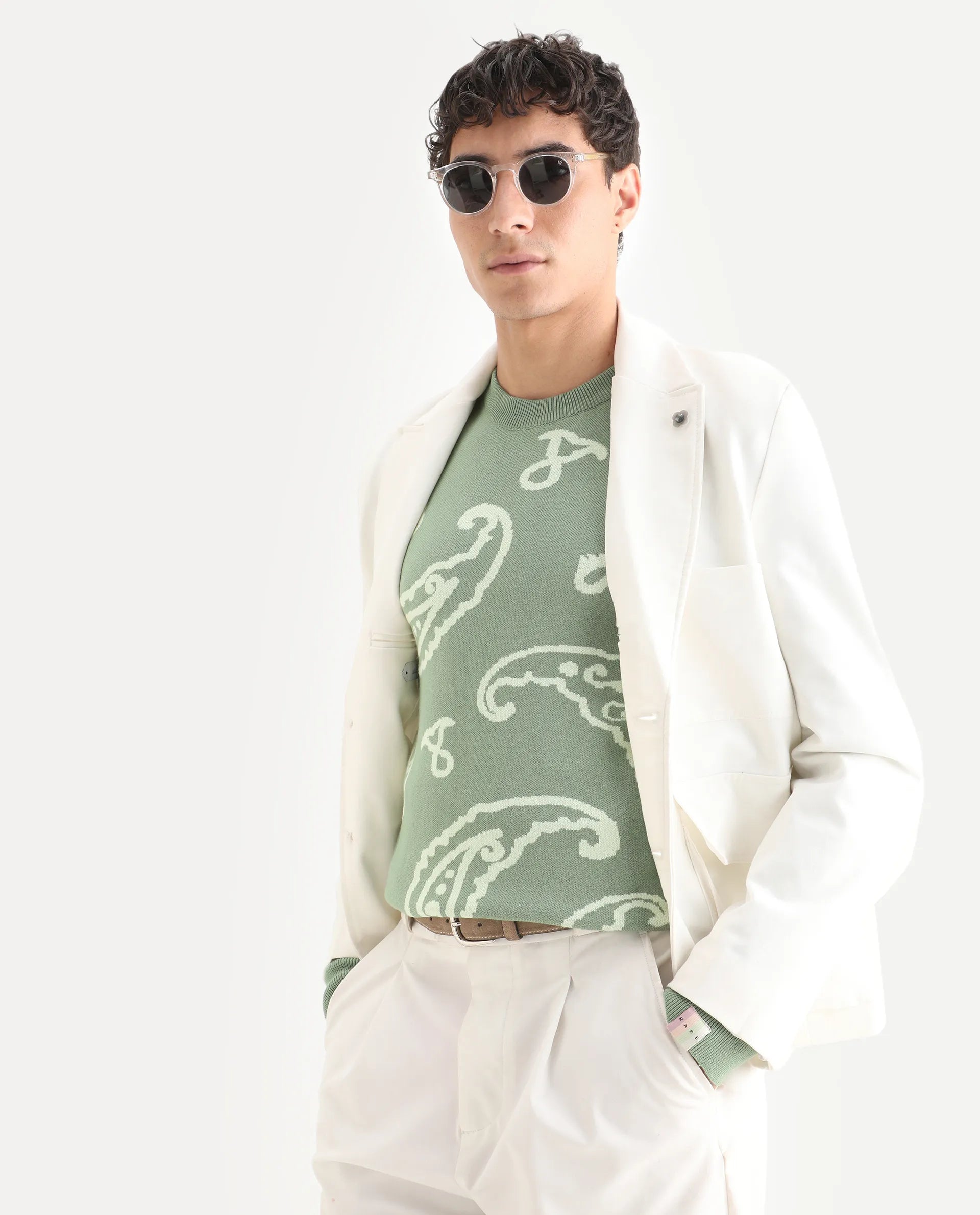 Rare Rabbit Men's Tori Light Green Viscose Jacquard Relaxed Fit Full Sleeve Crew Neck Sweater