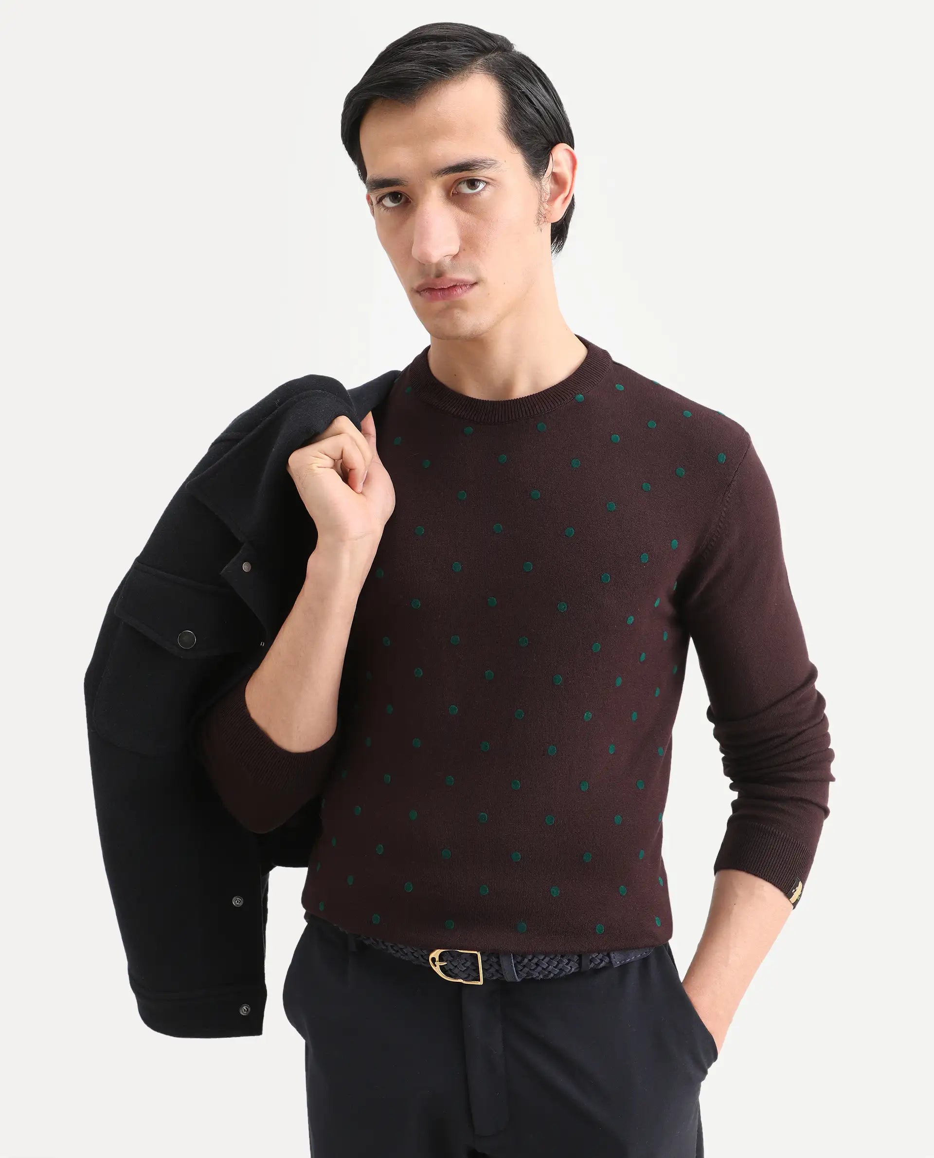 Rare Rabbit Men's Flock Maroon Viscose Polka Print Relaxed Fit Full Sleeve Crew Neck Sweater