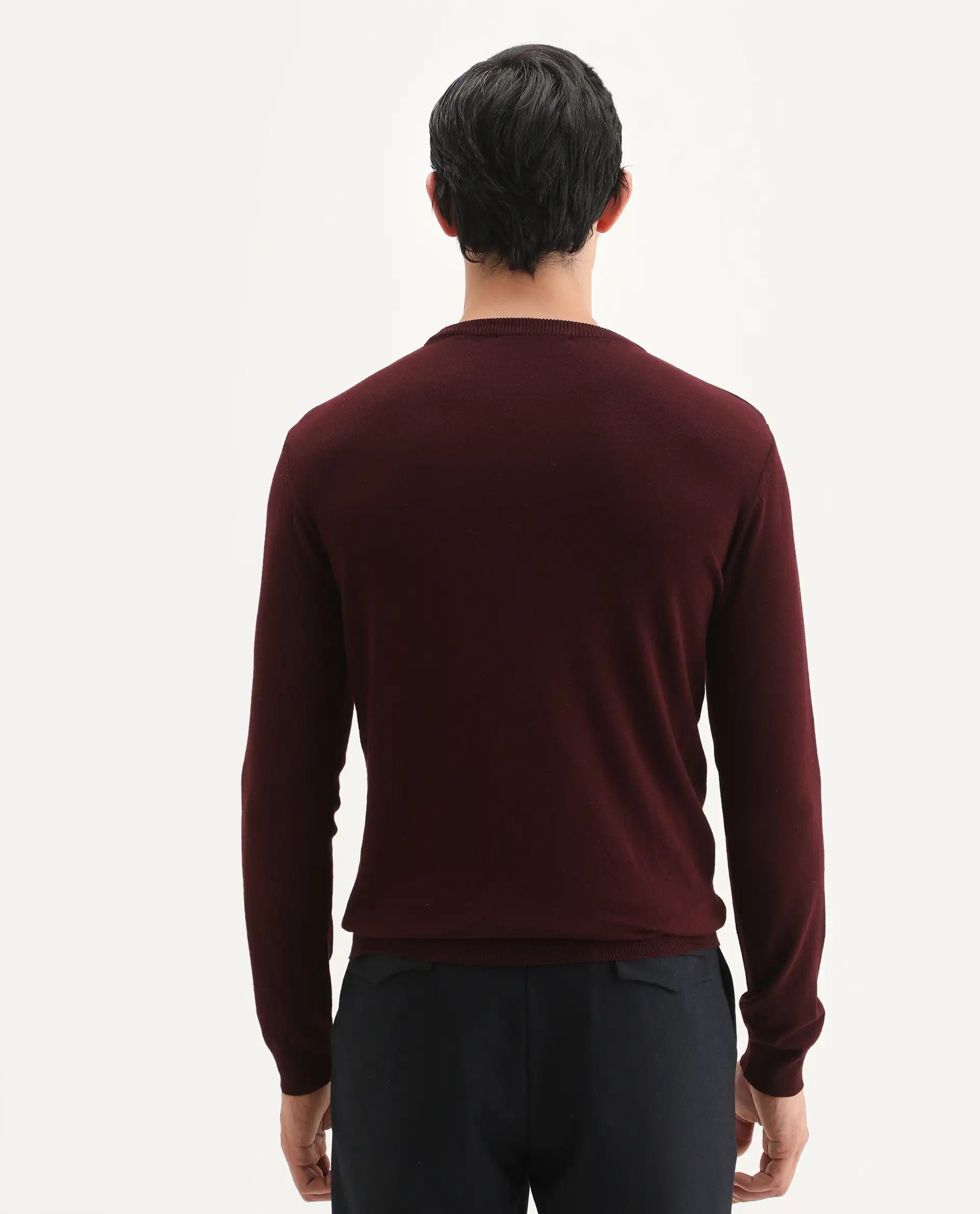 Rare Rabbit Men's Flock Dark Maroon Viscose Polka Print Relaxed Fit Full Sleeve Crew Neck Sweater