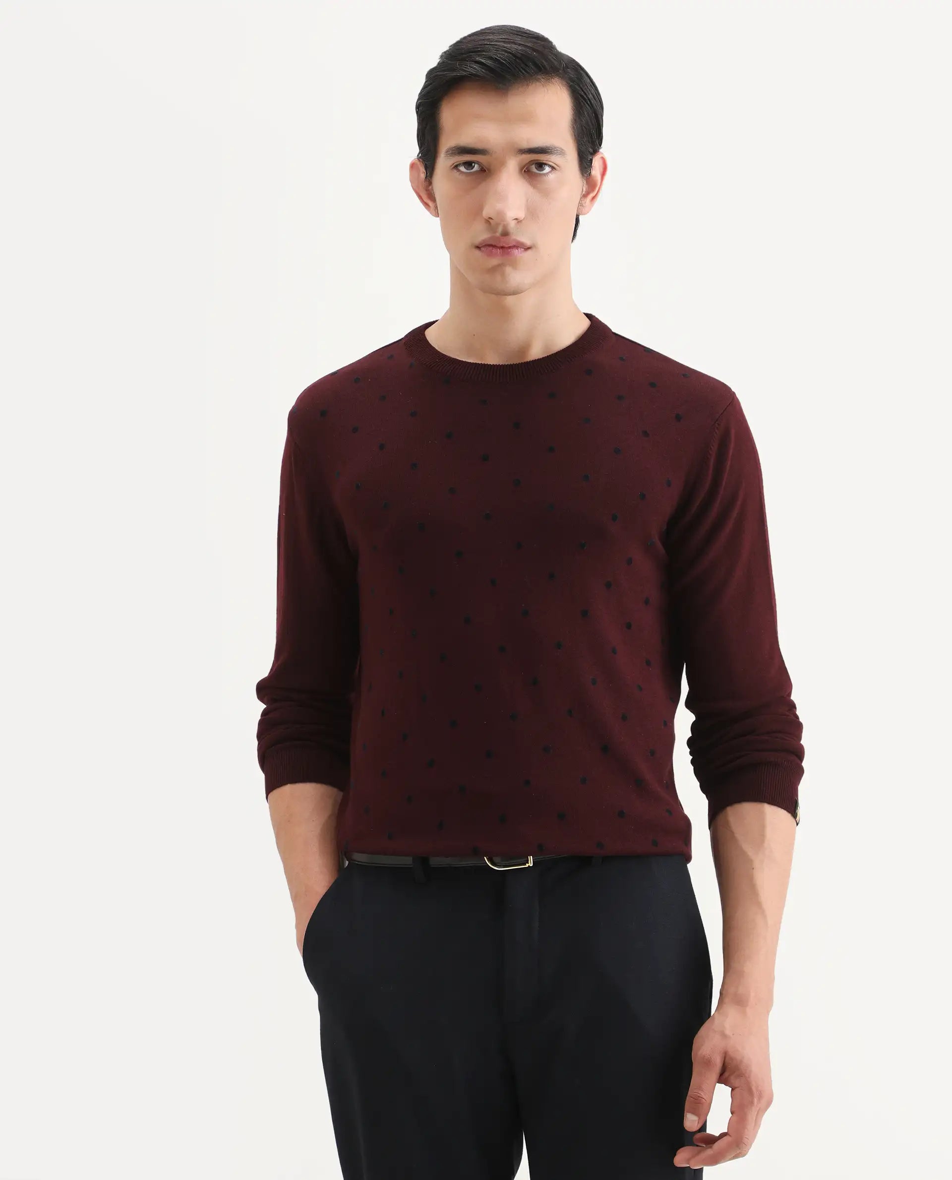 Rare Rabbit Men's Flock Dark Maroon Viscose Polka Print Relaxed Fit Full Sleeve Crew Neck Sweater