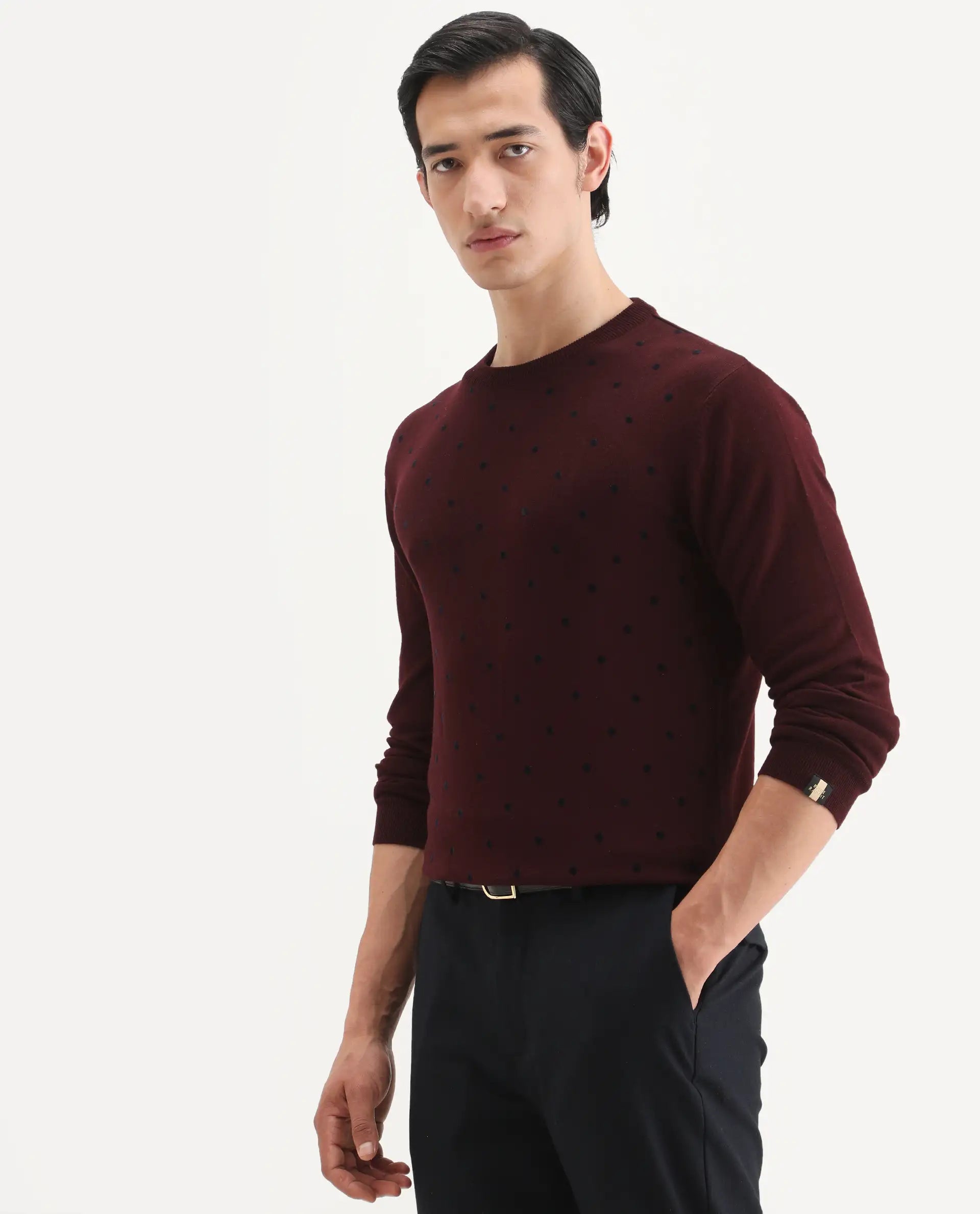 Rare Rabbit Men's Flock Dark Maroon Viscose Polka Print Relaxed Fit Full Sleeve Crew Neck Sweater