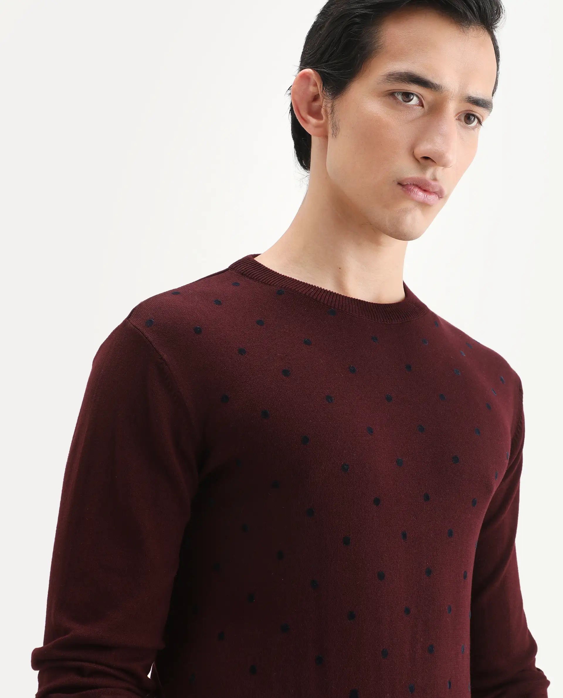 Rare Rabbit Men's Flock Dark Maroon Viscose Polka Print Relaxed Fit Full Sleeve Crew Neck Sweater