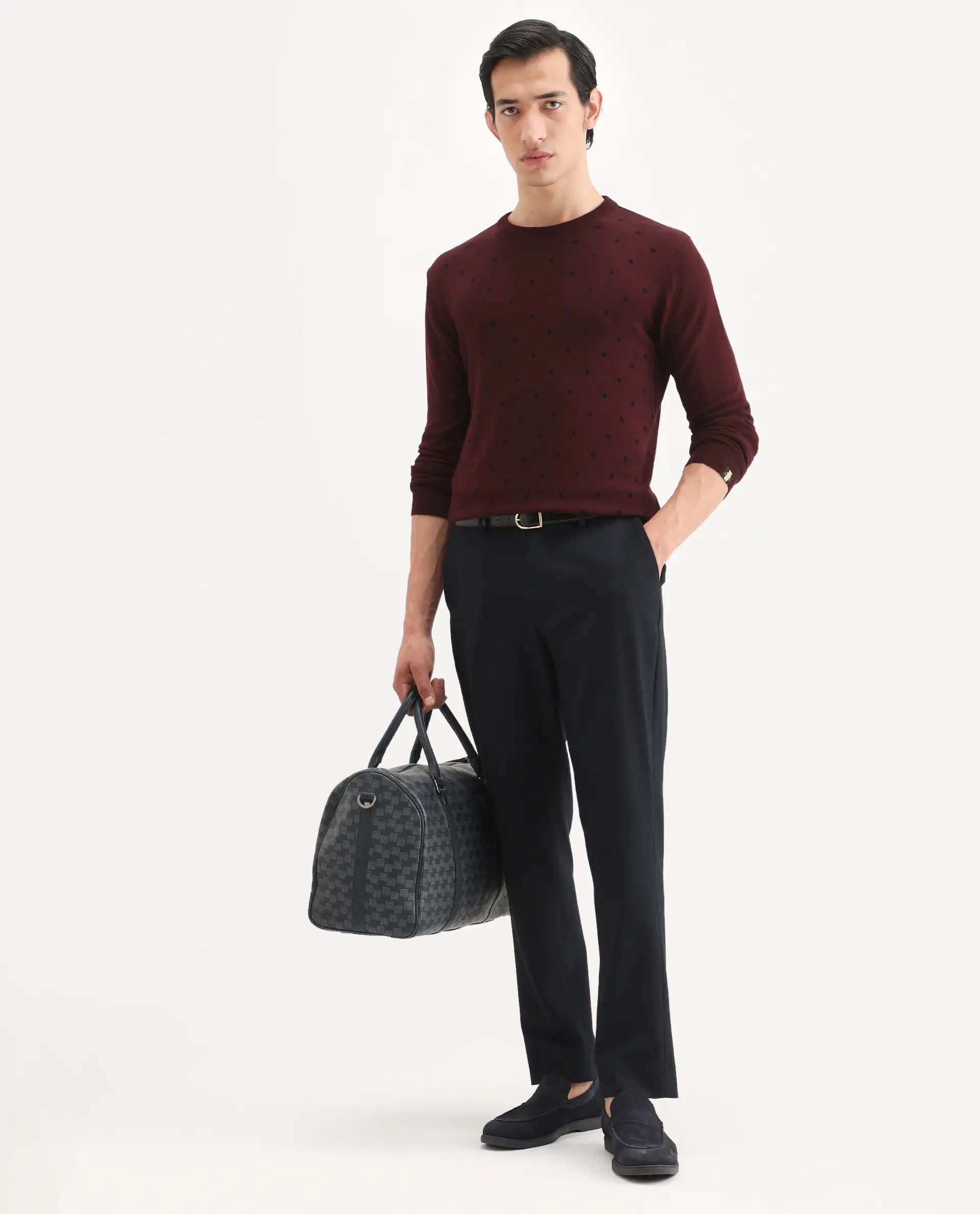 Rare Rabbit Men's Flock Dark Maroon Viscose Polka Print Relaxed Fit Full Sleeve Crew Neck Sweater