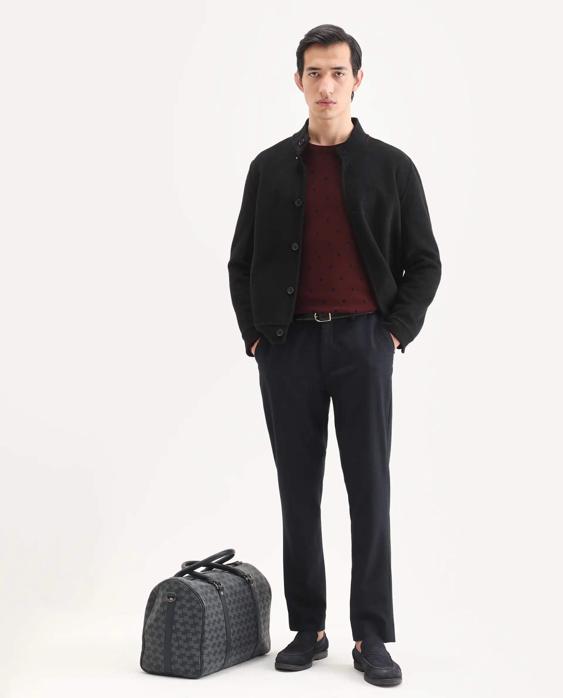 Rare Rabbit Men's Flock Dark Maroon Viscose Polka Print Relaxed Fit Full Sleeve Crew Neck Sweater