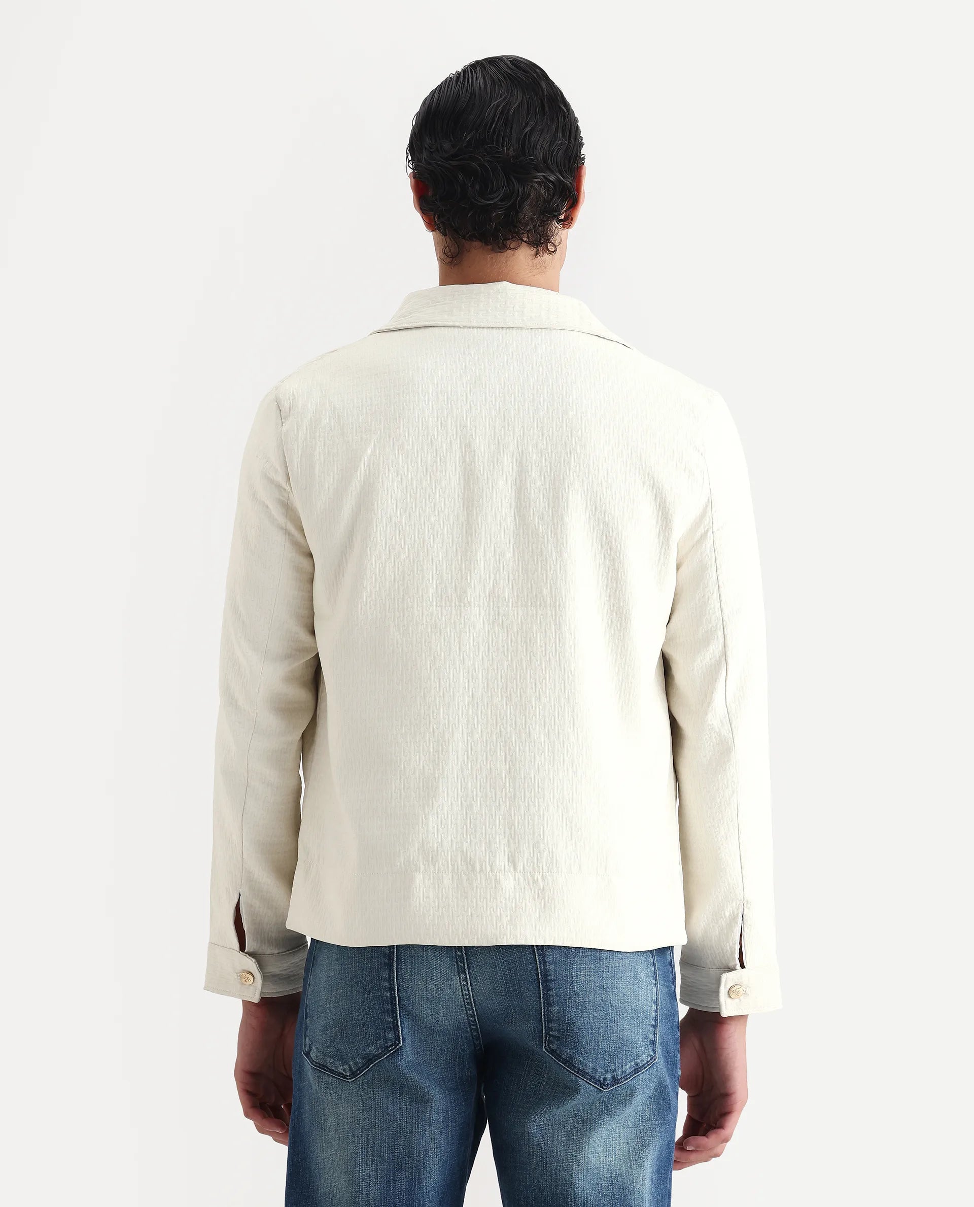 Rare Rabbit Men's Harbin Off White Polyester Jacquard Regular Fit Full Sleeve Spread Collar Jacket