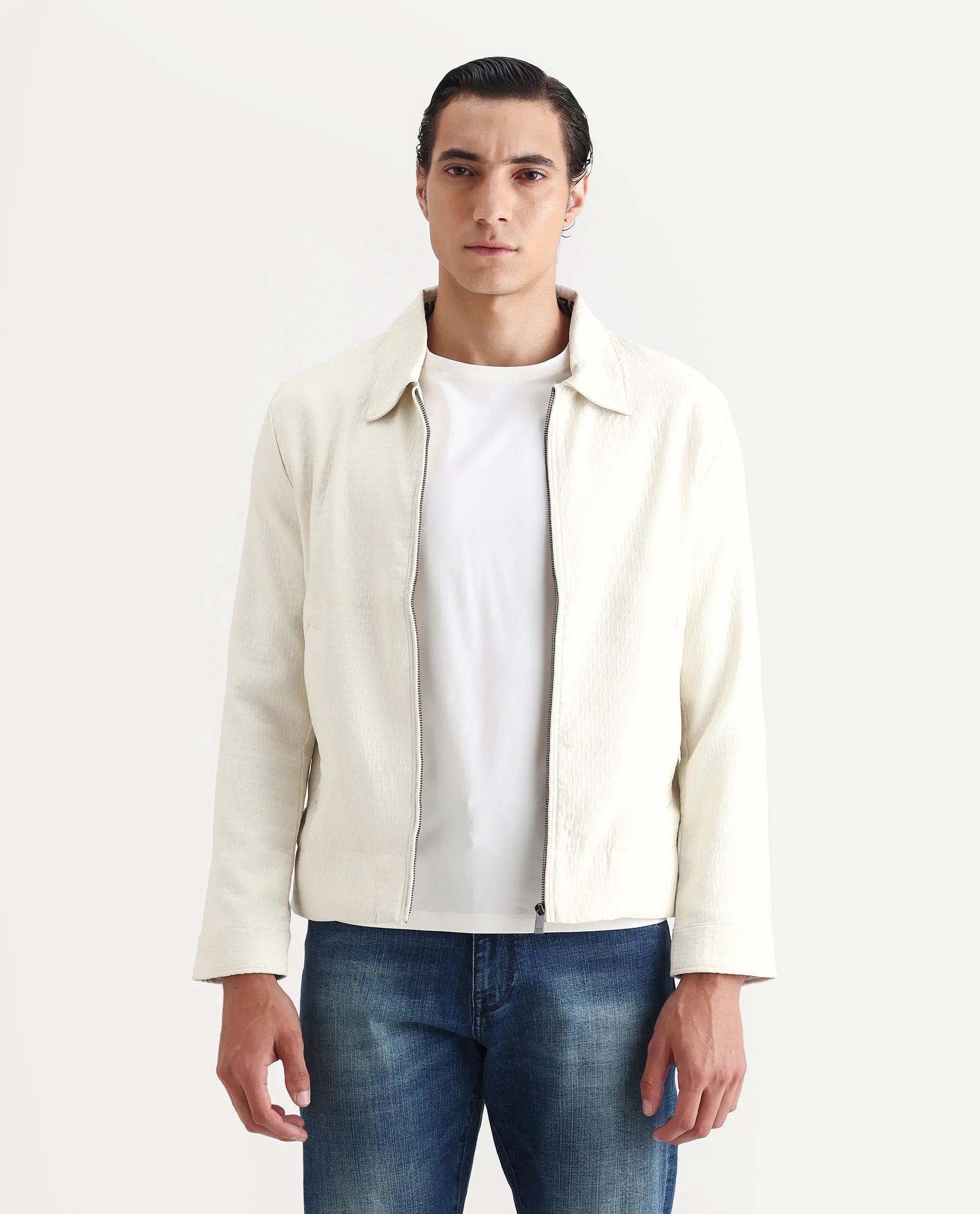 Rare Rabbit Men's Harbin Off White Polyester Jacquard Regular Fit Full Sleeve Spread Collar Jacket