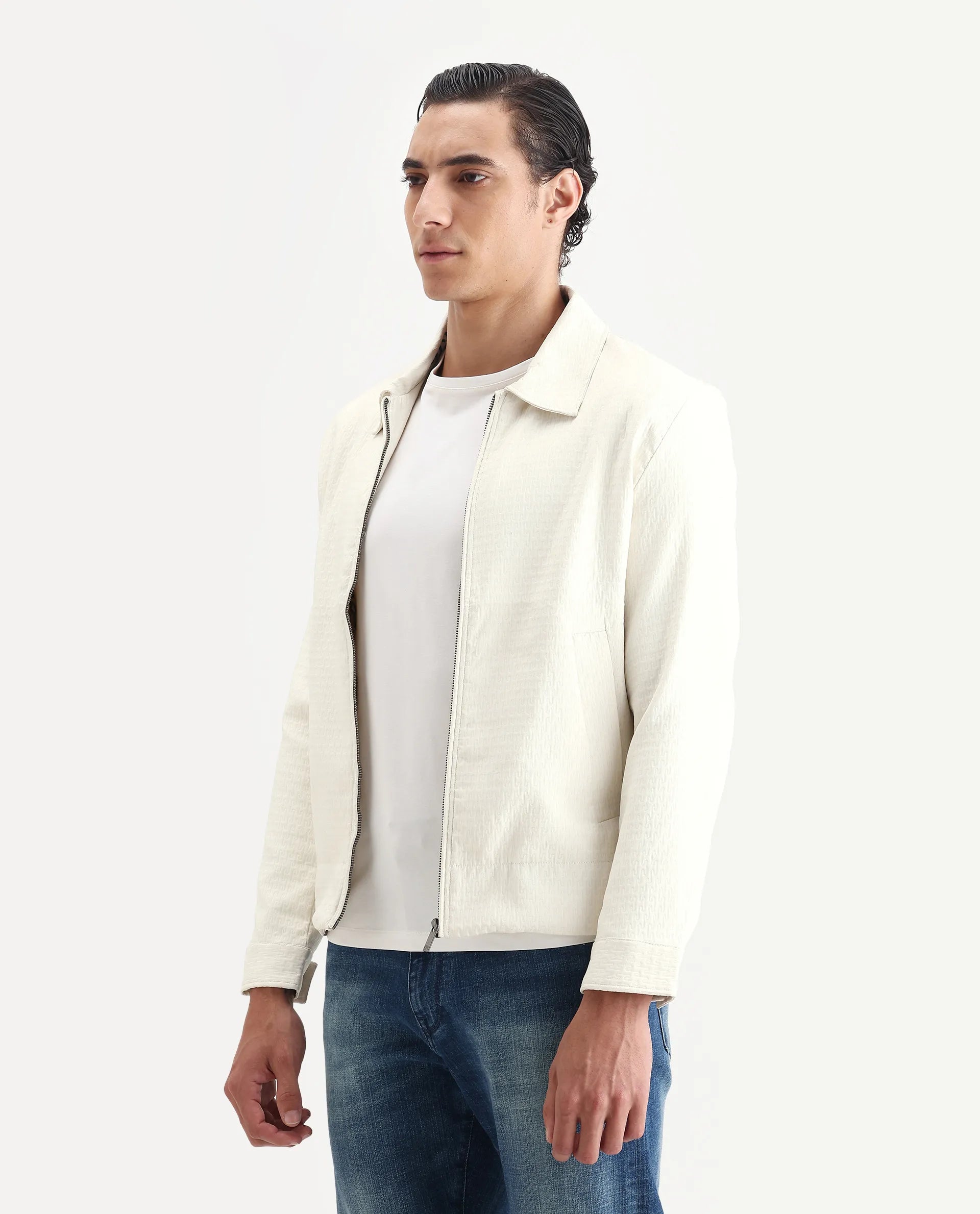 Rare Rabbit Men's Harbin Off White Polyester Jacquard Regular Fit Full Sleeve Spread Collar Jacket