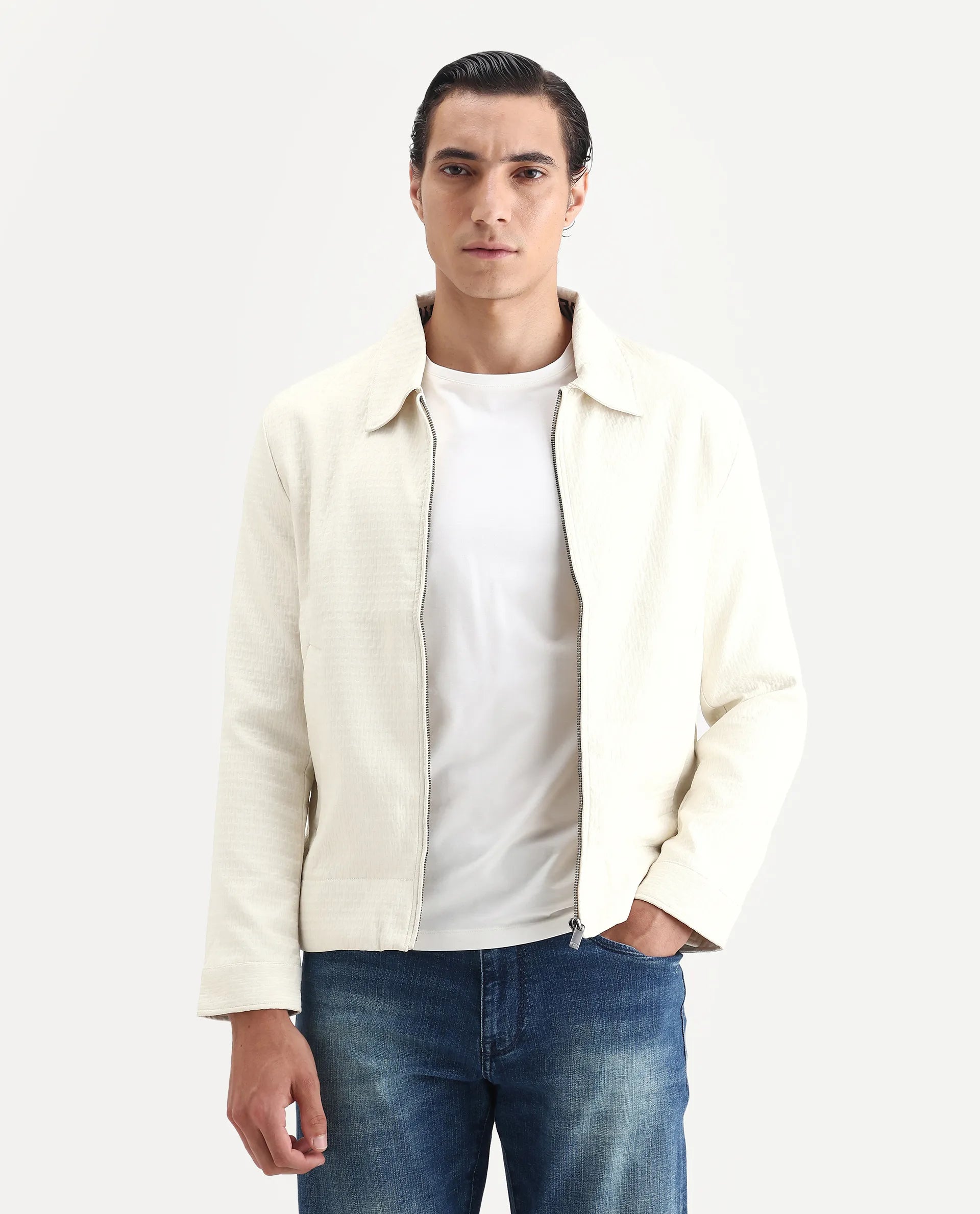 Rare Rabbit Men's Harbin Off White Polyester Jacquard Regular Fit Full Sleeve Spread Collar Jacket