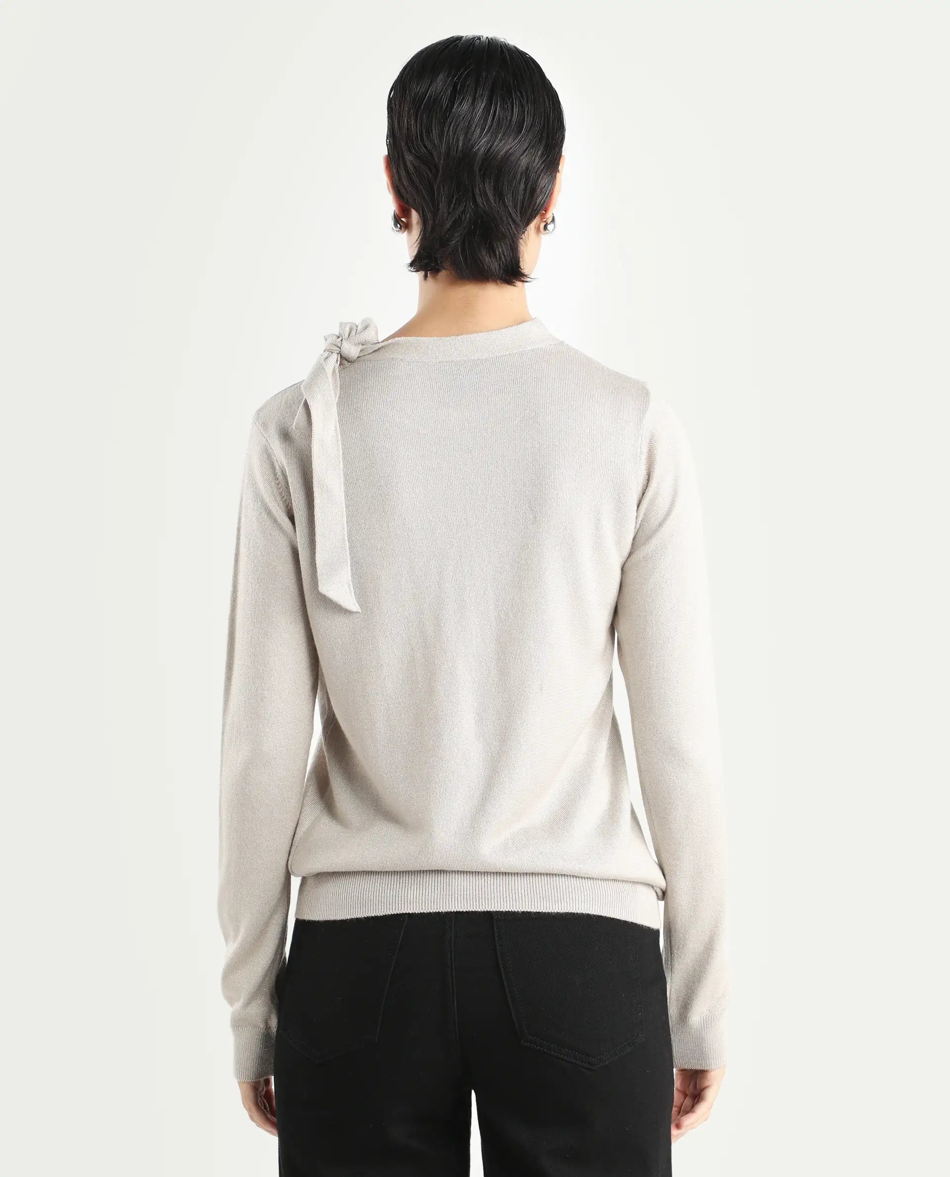 Rareism Women's Zener Off White Acrylic High Neck Plain Regular Fit Sweater