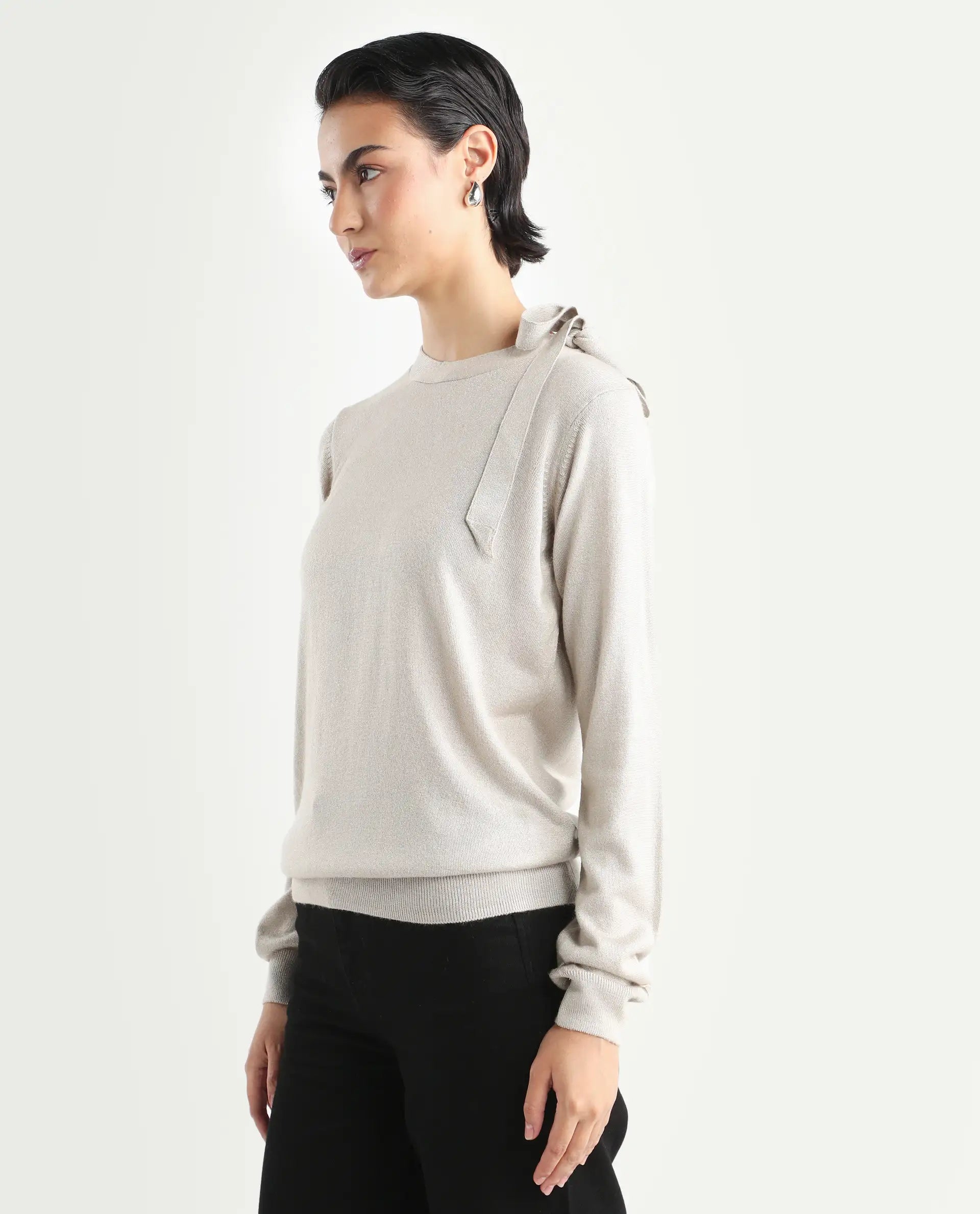 Rareism Women's Zener Off White Acrylic High Neck Plain Regular Fit Sweater