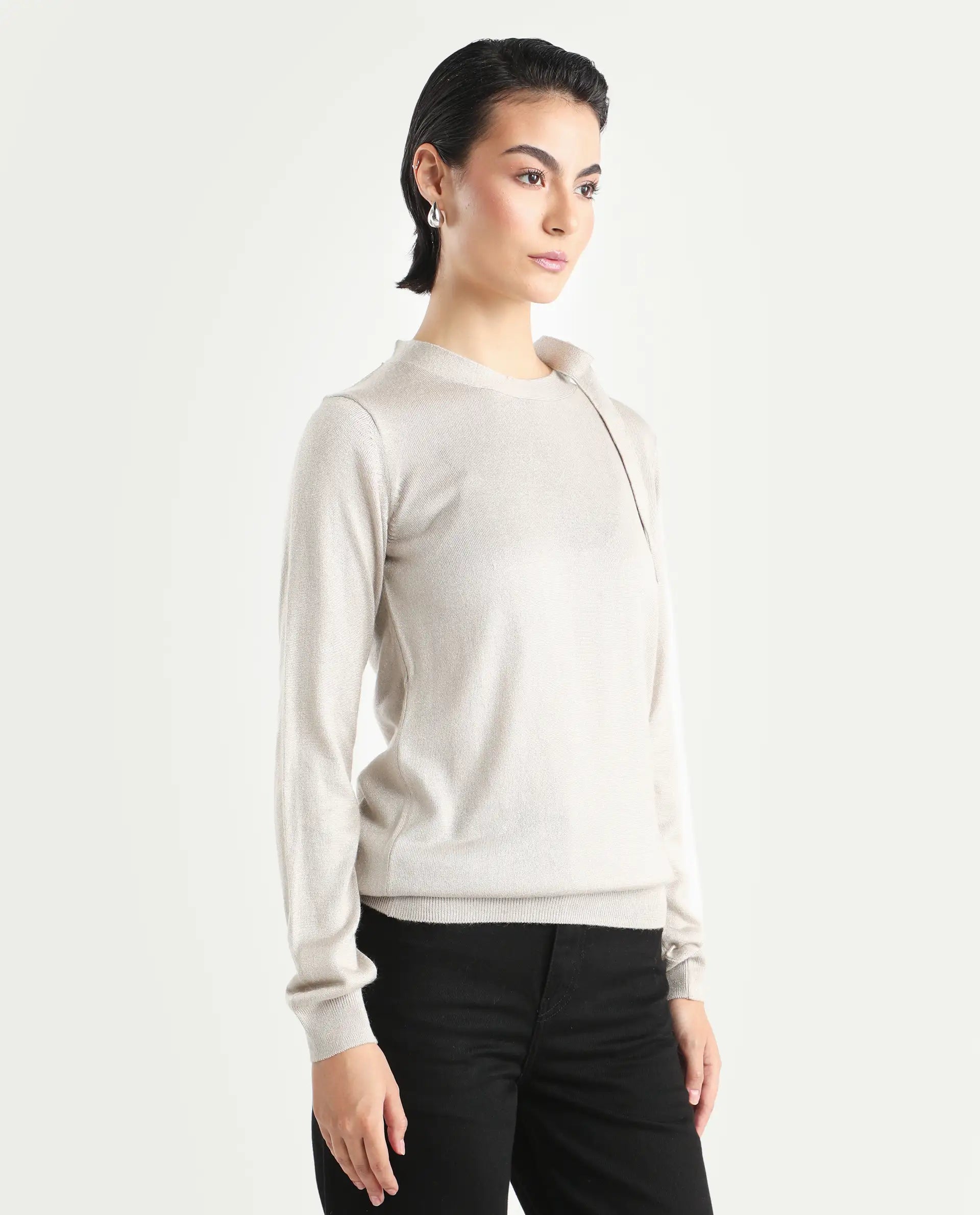Rareism Women's Zener Off White Acrylic High Neck Plain Regular Fit Sweater