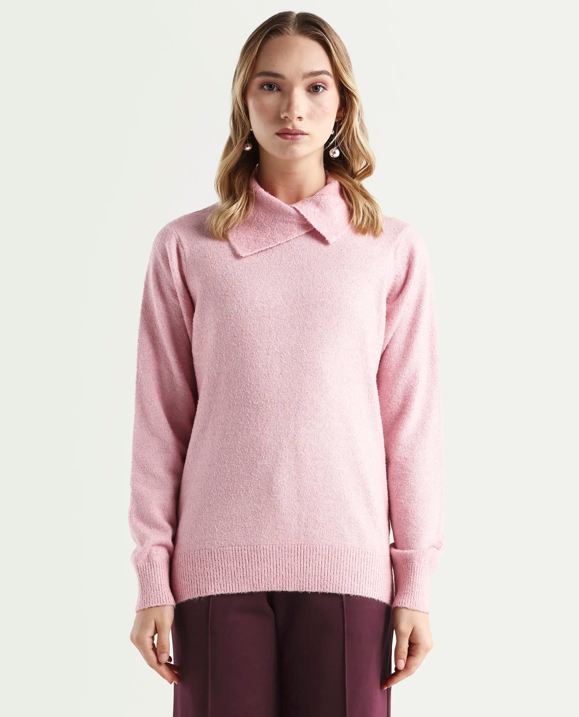 Rareism Women's Reni Pink Acrylic Overlap Neck Plain Regular Fit Sweater