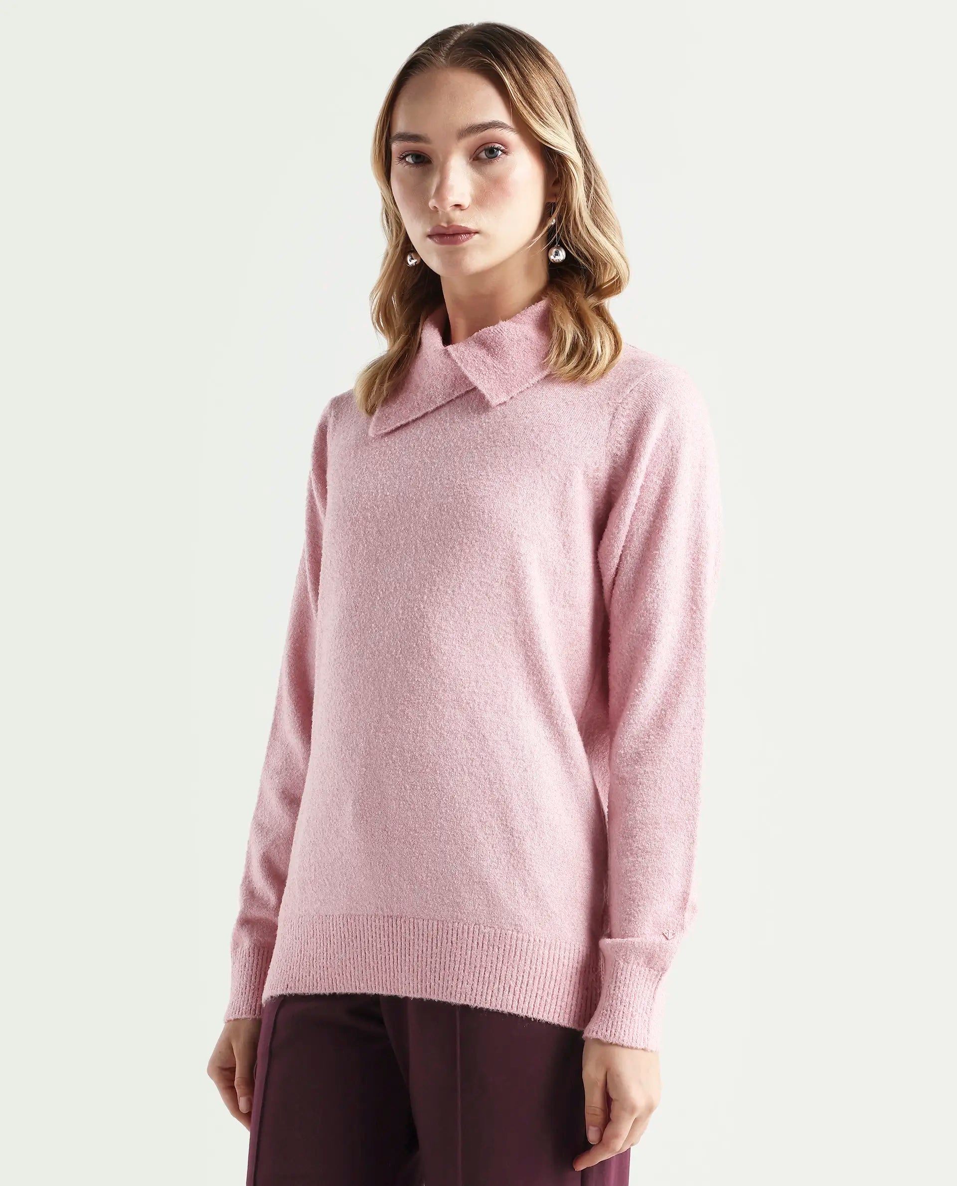 Rareism Women's Reni Pink Acrylic Overlap Neck Plain Regular Fit Sweater