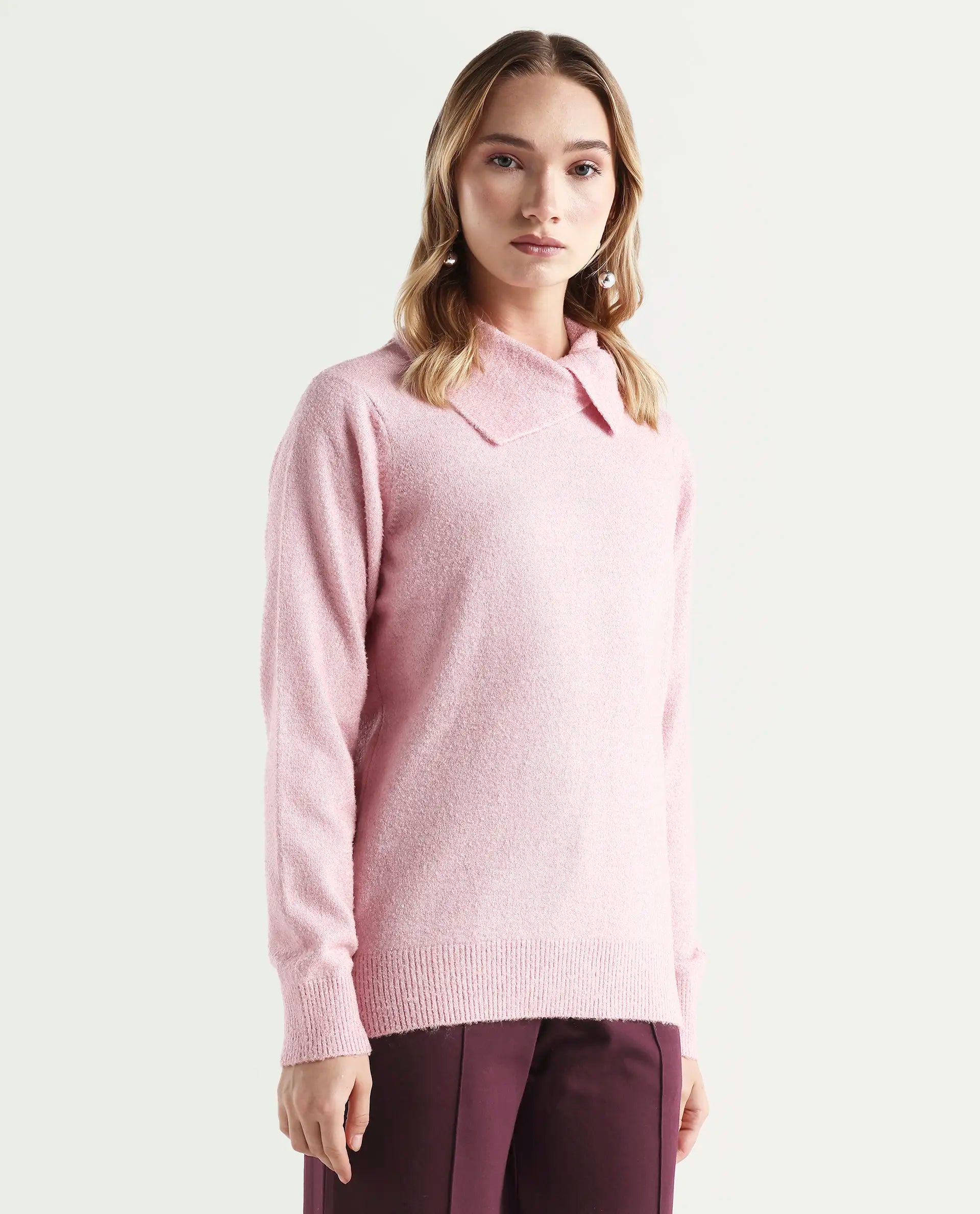 Rareism Women's Reni Pink Acrylic Overlap Neck Plain Regular Fit Sweater