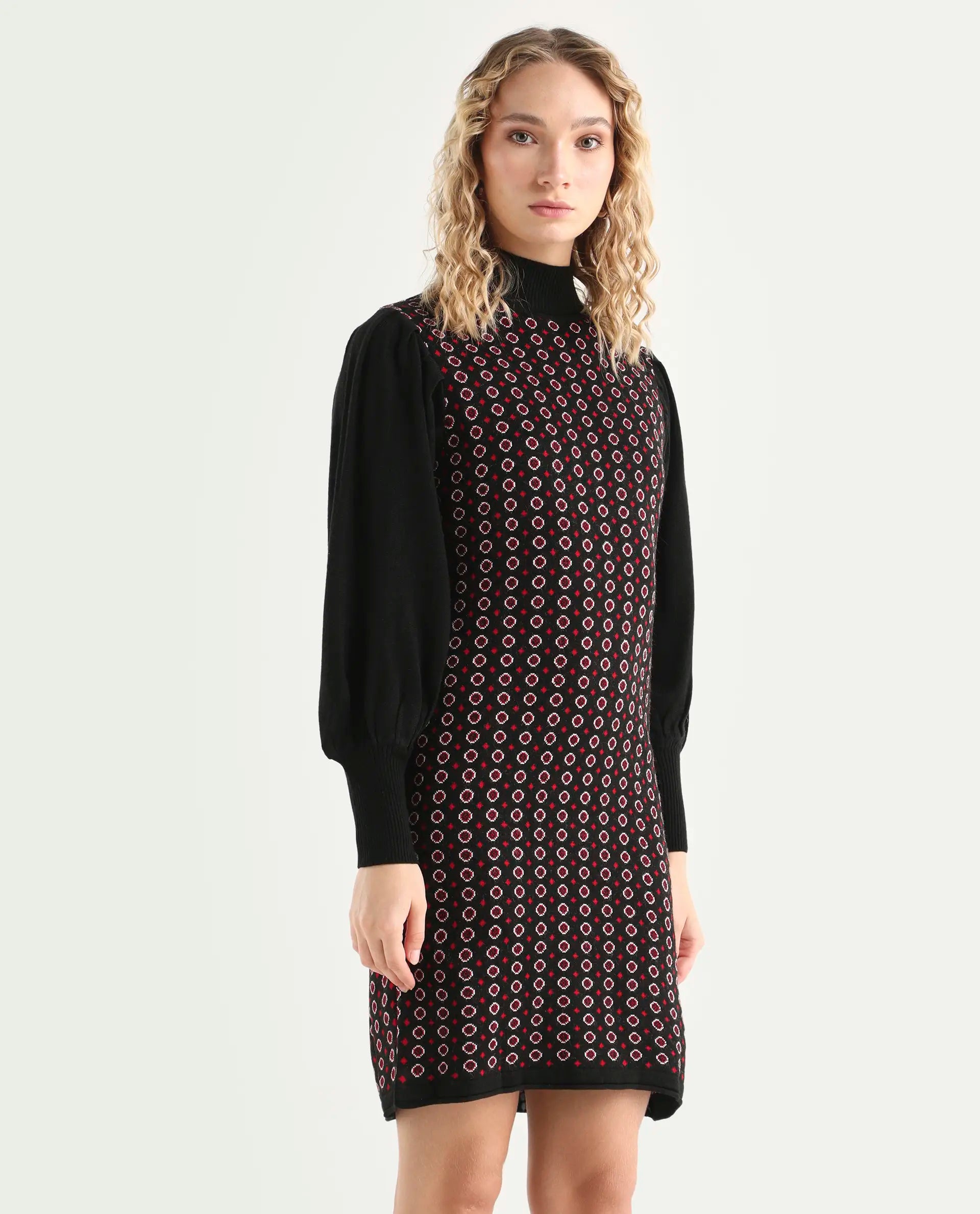 Rareism Women's Web 2 Black Acrylic High Neck Geometric Print Bishop Sleeve Knee Length Regular Fit Sweater