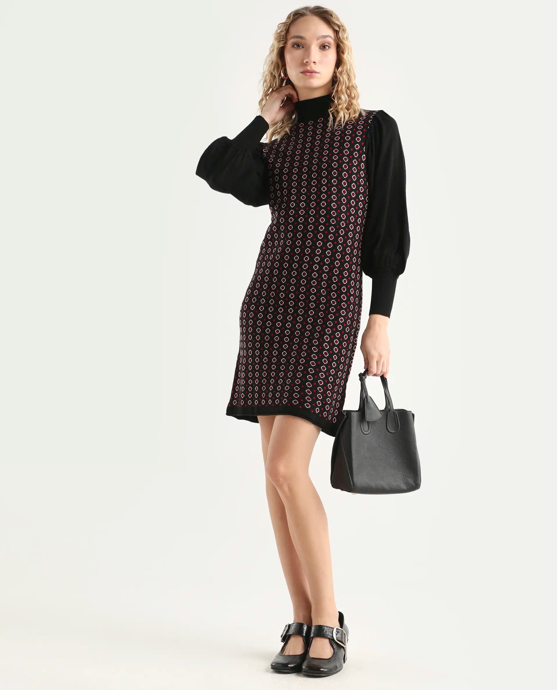 Rareism Women's Web 2 Black Acrylic High Neck Geometric Print Bishop Sleeve Knee Length Regular Fit Sweater