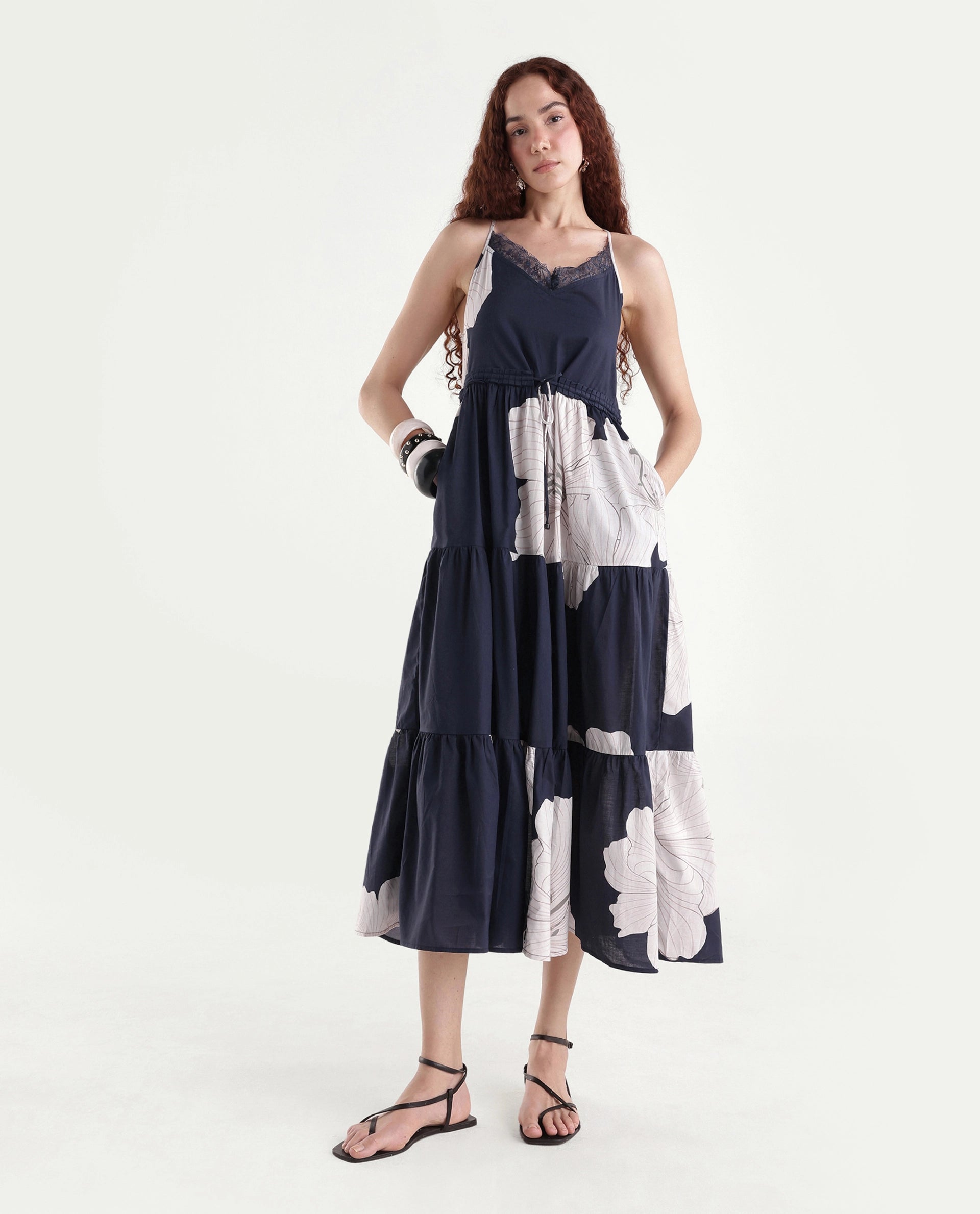 Rareism Women's Acker Navy Cotton V-Neck Floral Print Shoulder Strap Midi Relaxed Fit Dress