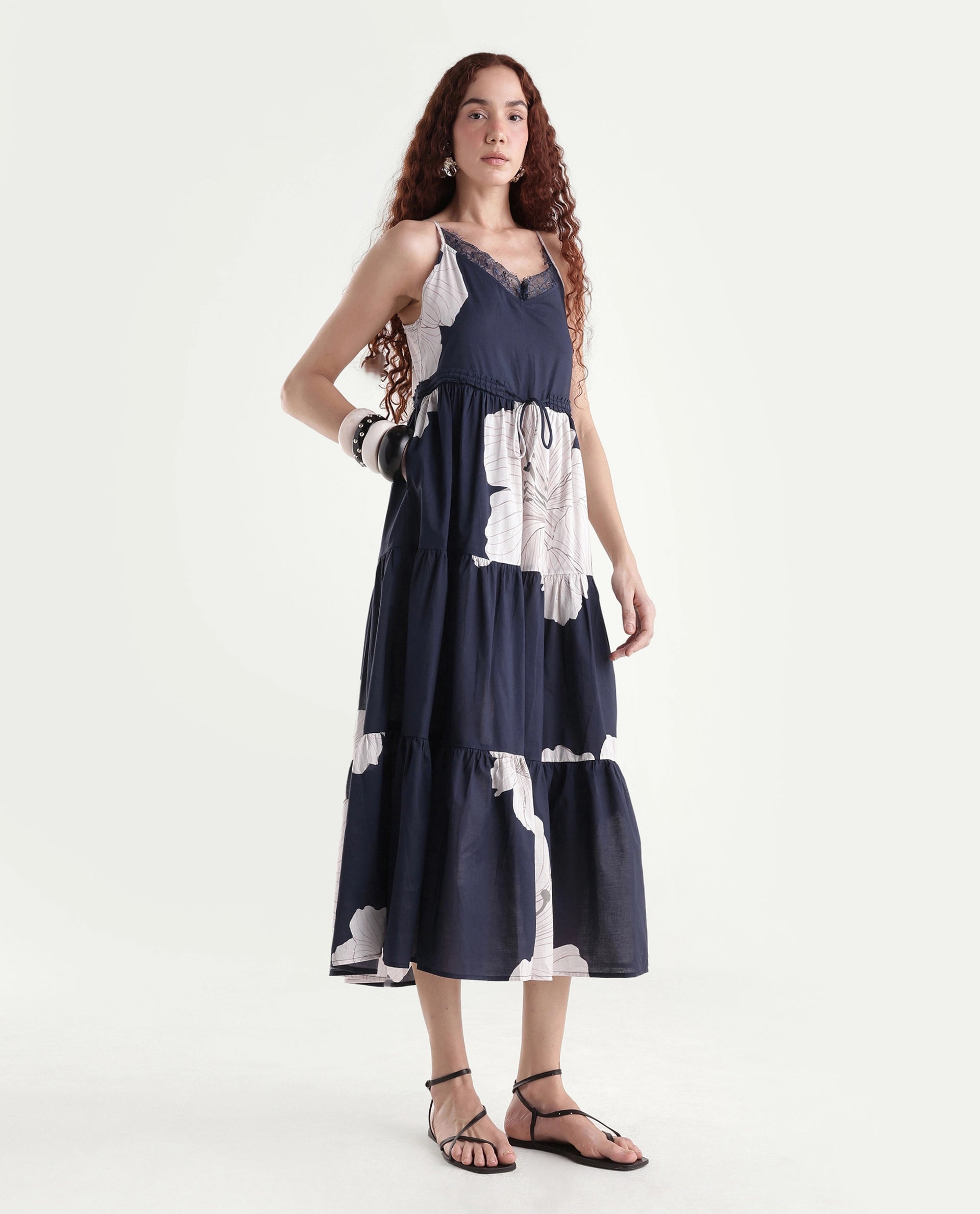 Rareism Women's Acker Navy Cotton V-Neck Floral Print Shoulder Strap Midi Relaxed Fit Dress