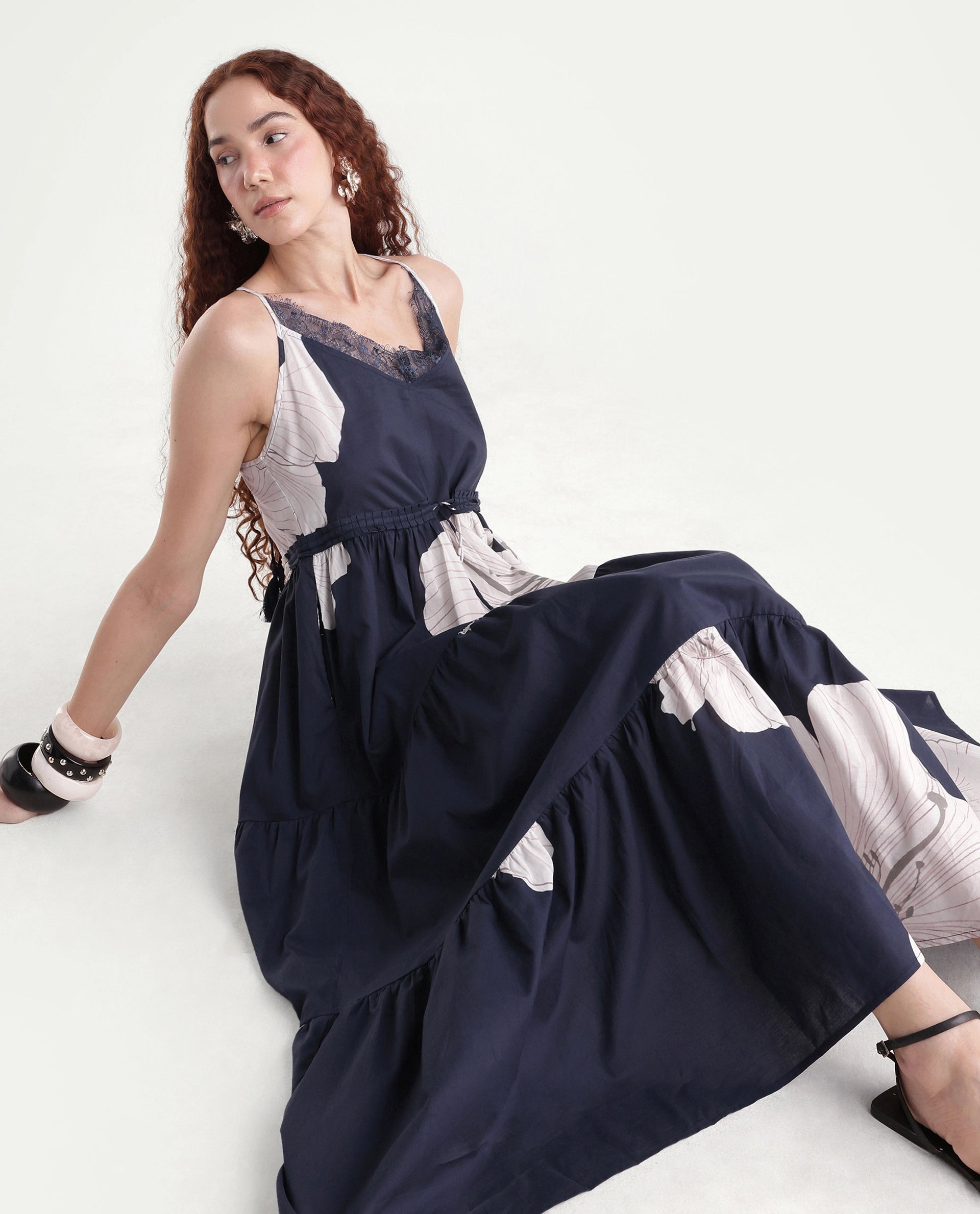 Rareism Women's Acker Navy Cotton V-Neck Floral Print Shoulder Strap Midi Relaxed Fit Dress