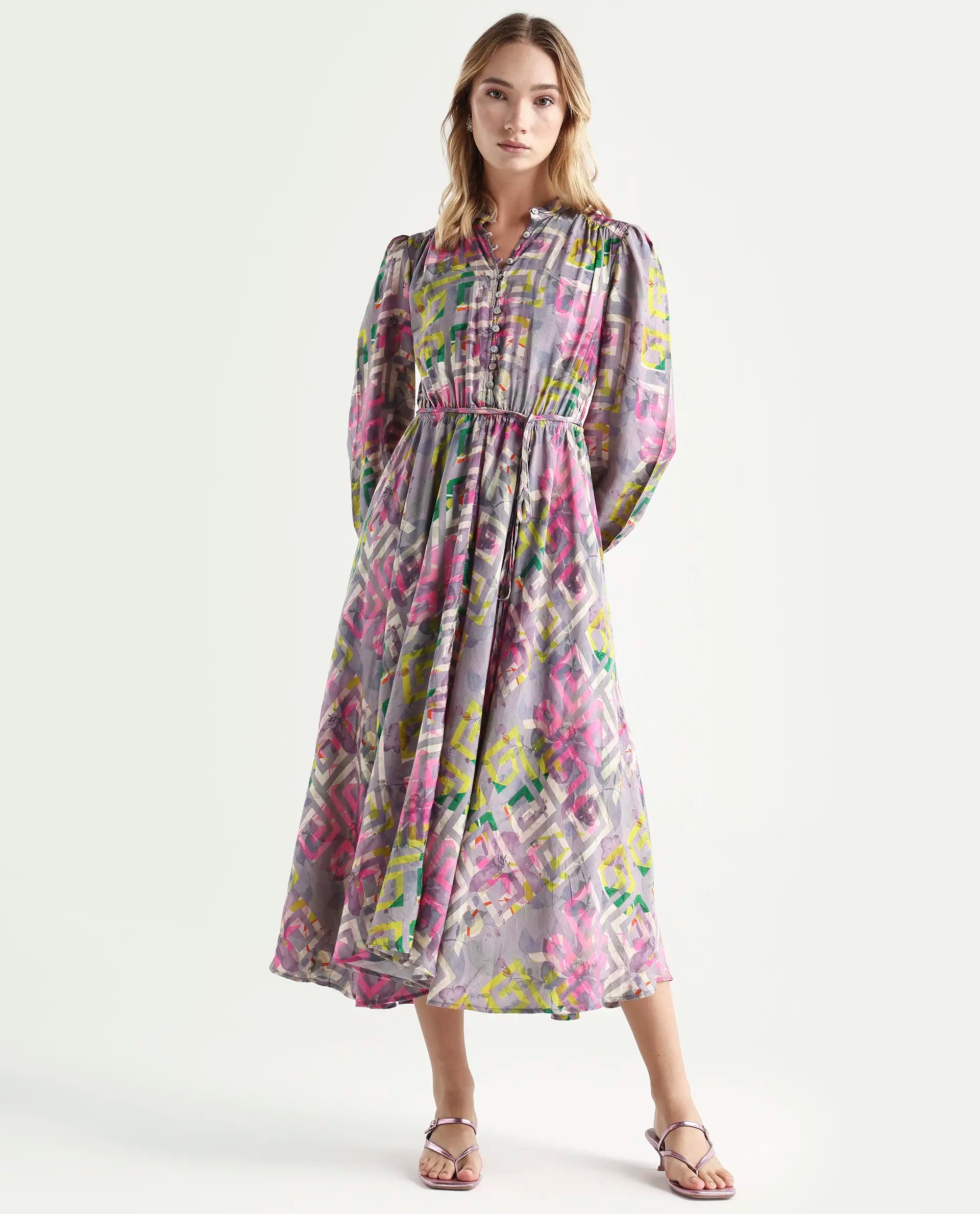 Rareism Women's Austir Multi Polyester Mandarin Collar Geometric Print Balloon Sleeve Maxi Regular Fit Dress