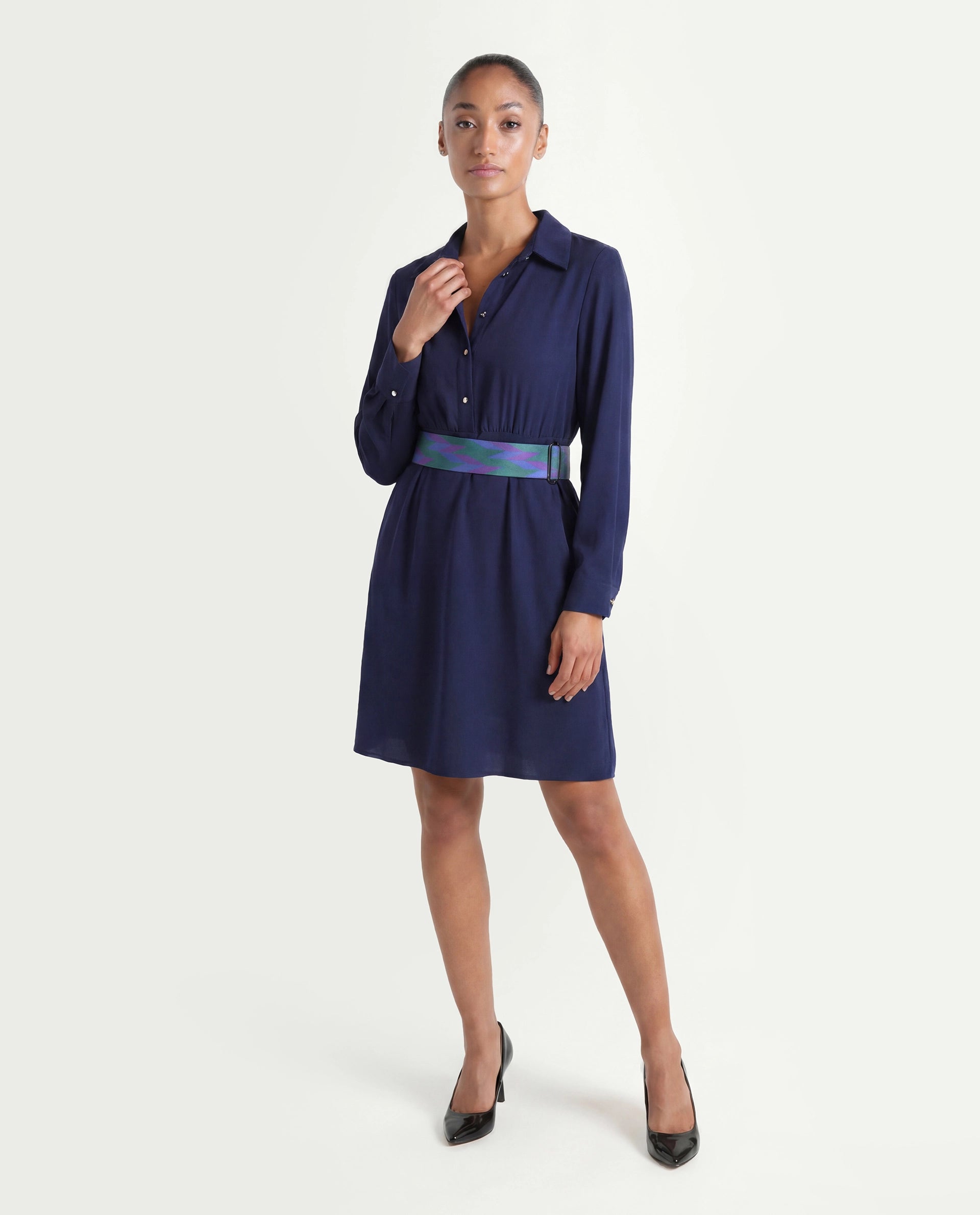 Rareism Women's Chsam Navy Polyester Blend Spread Collar Plain Maxi Regular Fit Dress