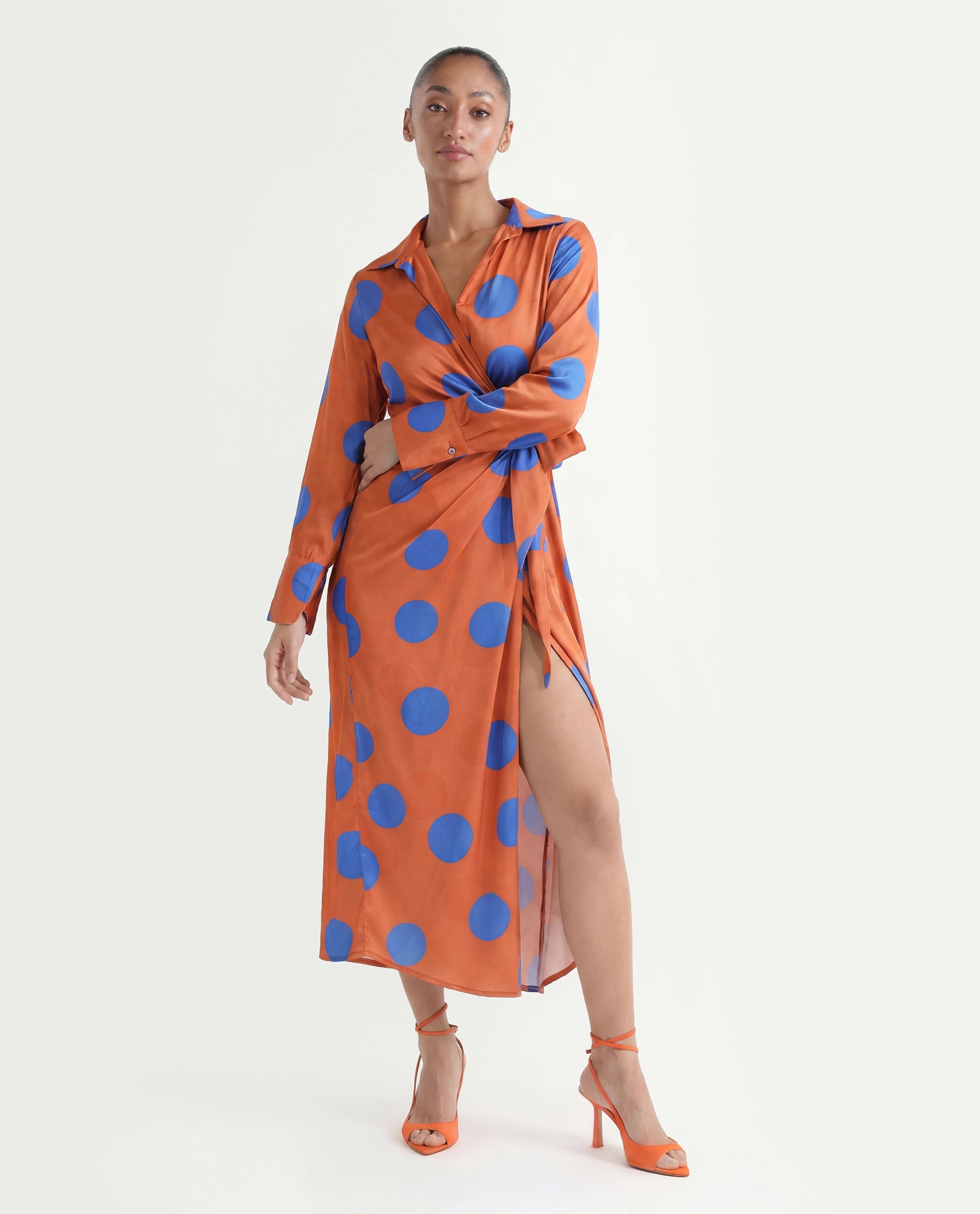 Rareism Women's Farben Dark Orange Polyester Spread Collar Polka Print Maxi Regular Fit Dress