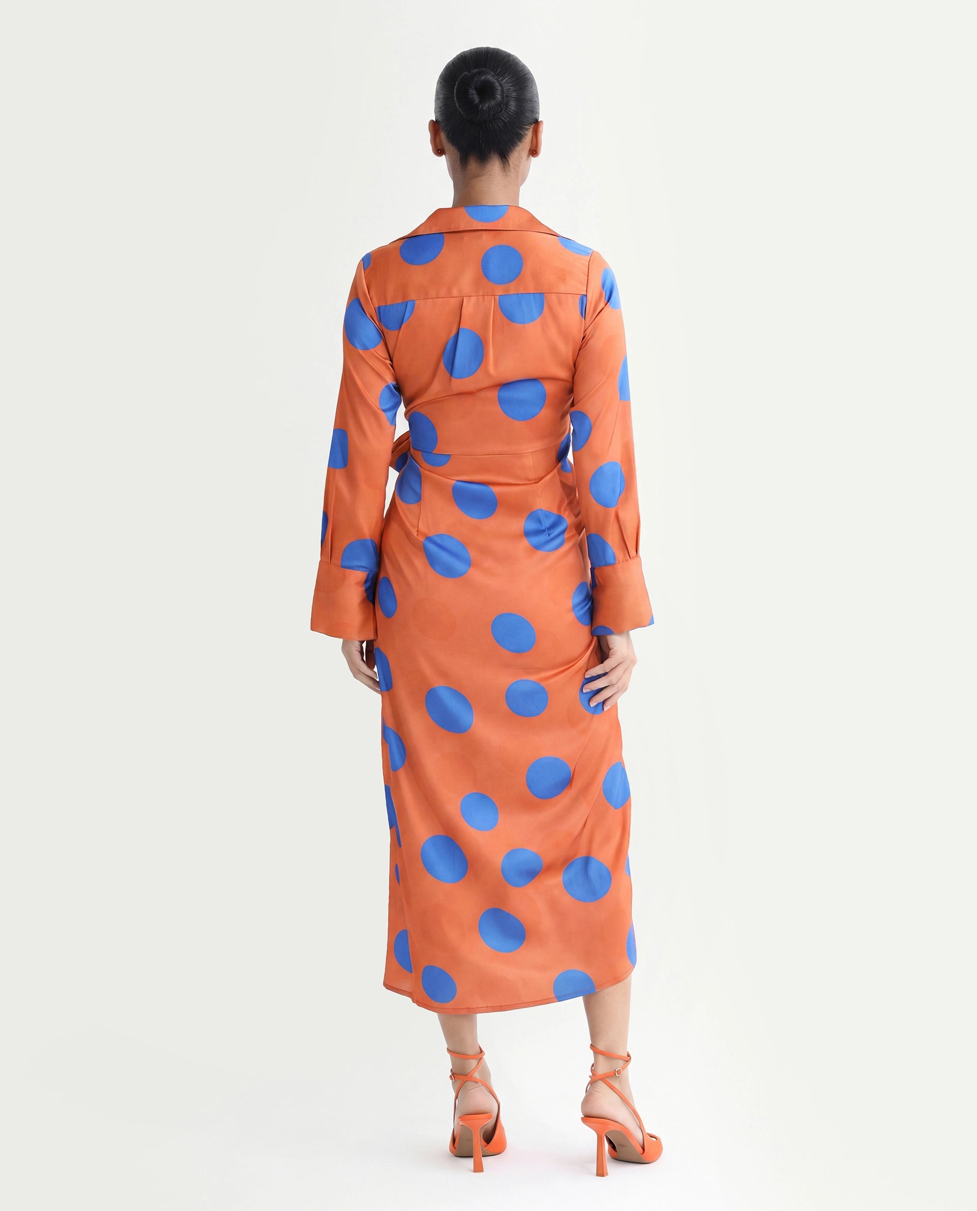 Rareism Women's Farben Dark Orange Polyester Spread Collar Polka Print Maxi Regular Fit Dress