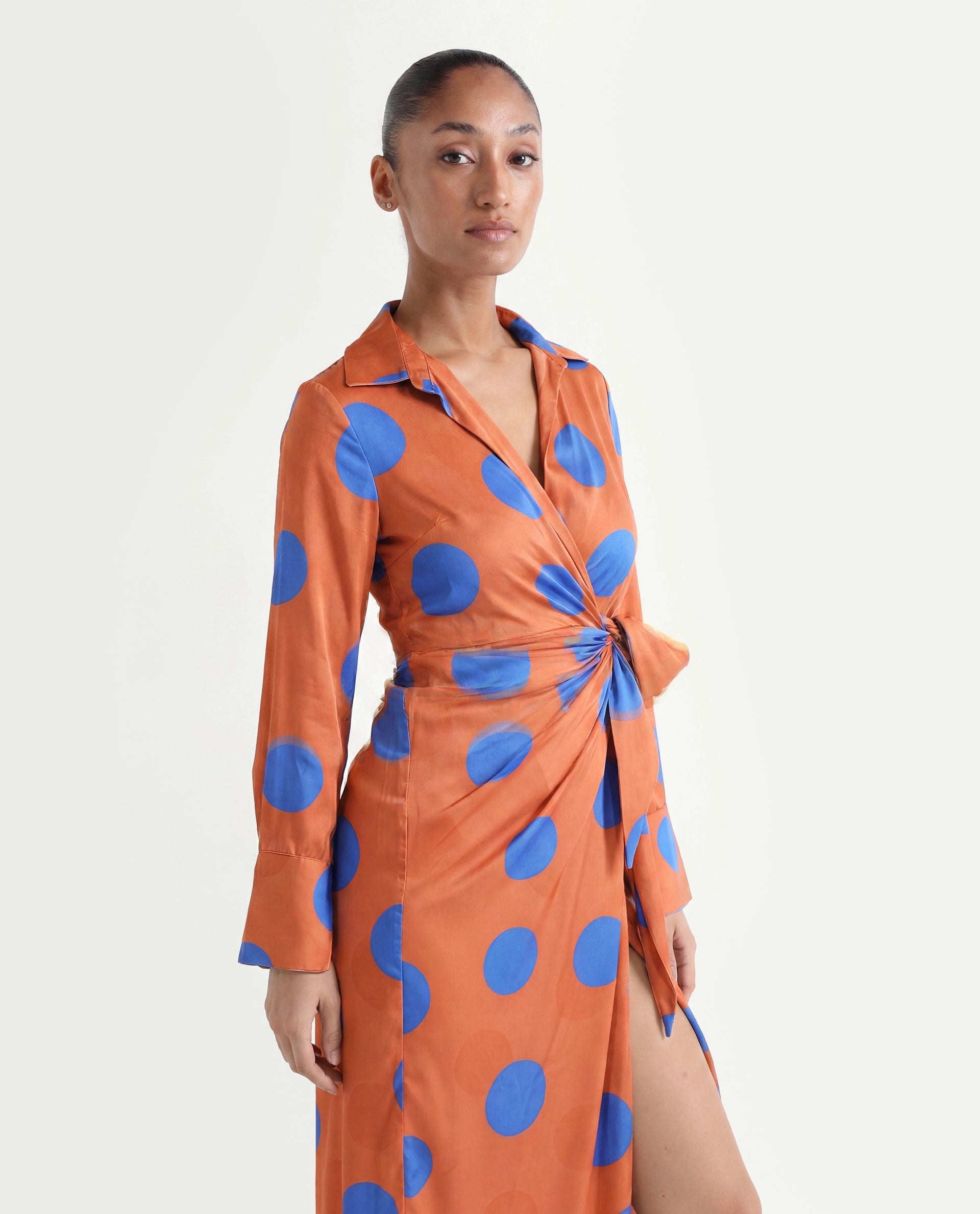 Rareism Women's Farben Dark Orange Polyester Spread Collar Polka Print Maxi Regular Fit Dress