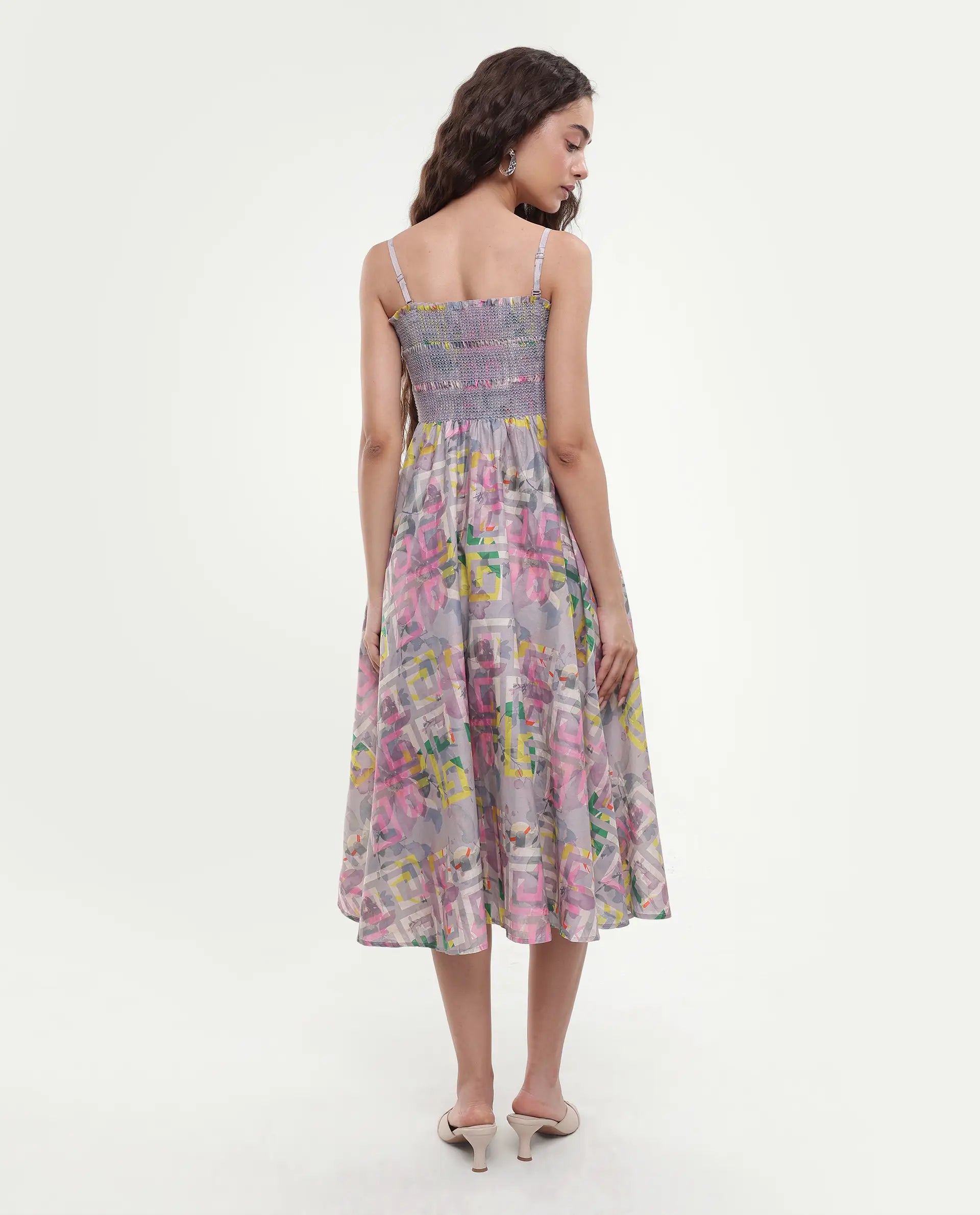 Rareism Women's Mazon Multi Cotton Tube Neck Floral Print Shoulder Strap Midi Fit And Flare Dress