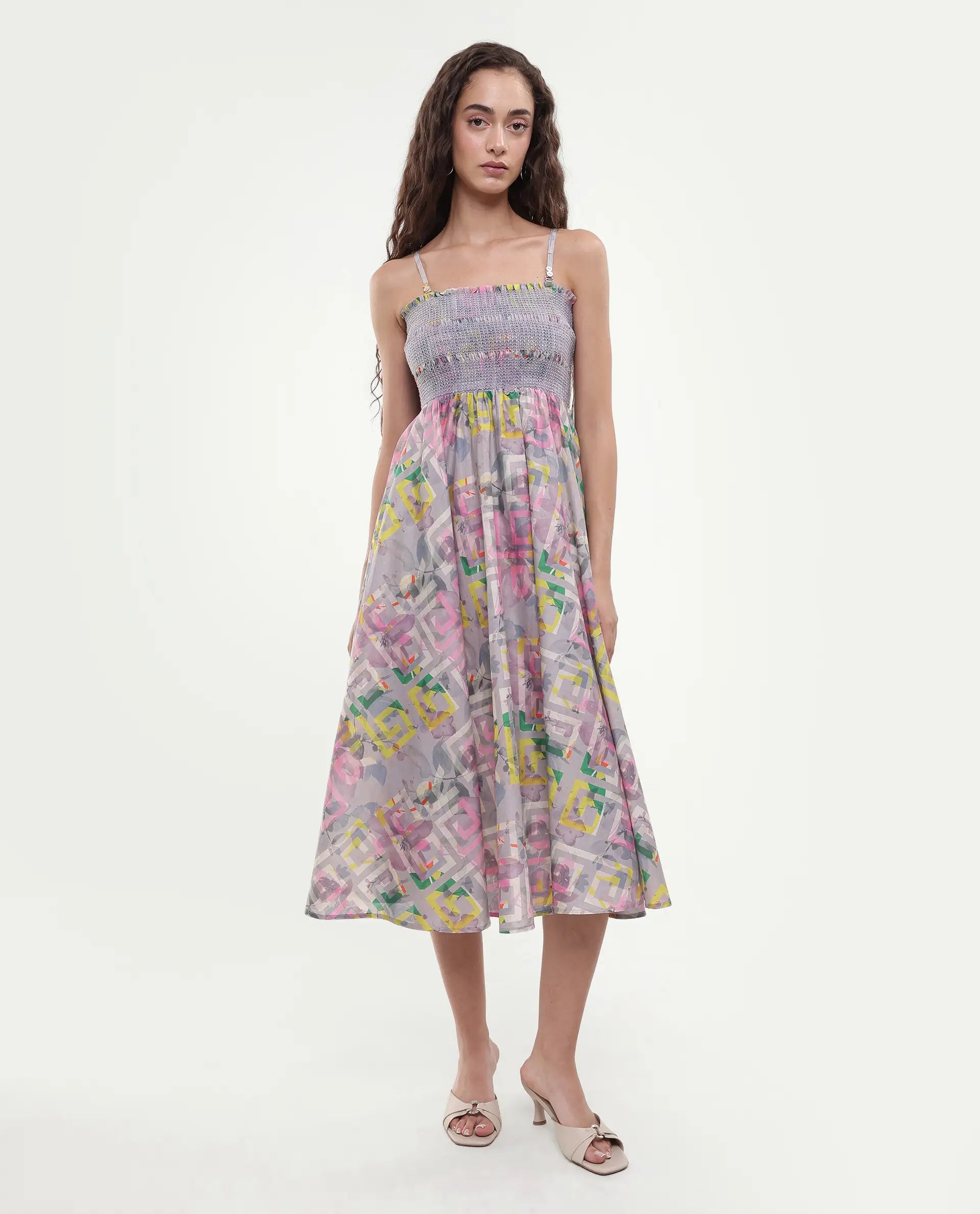 Rareism Women's Mazon Multi Cotton Tube Neck Floral Print Shoulder Strap Midi Fit And Flare Dress