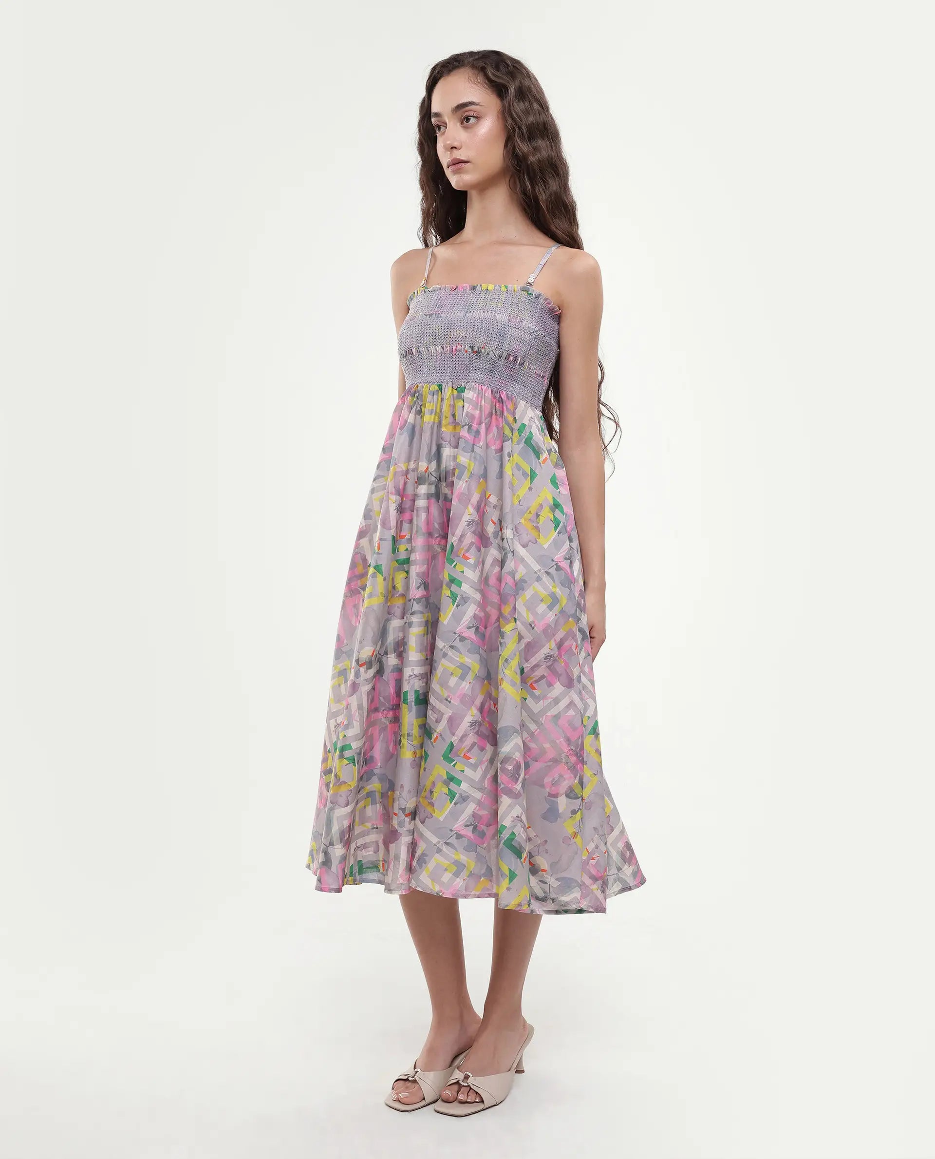 Rareism Women's Mazon Multi Cotton Tube Neck Floral Print Shoulder Strap Midi Fit And Flare Dress