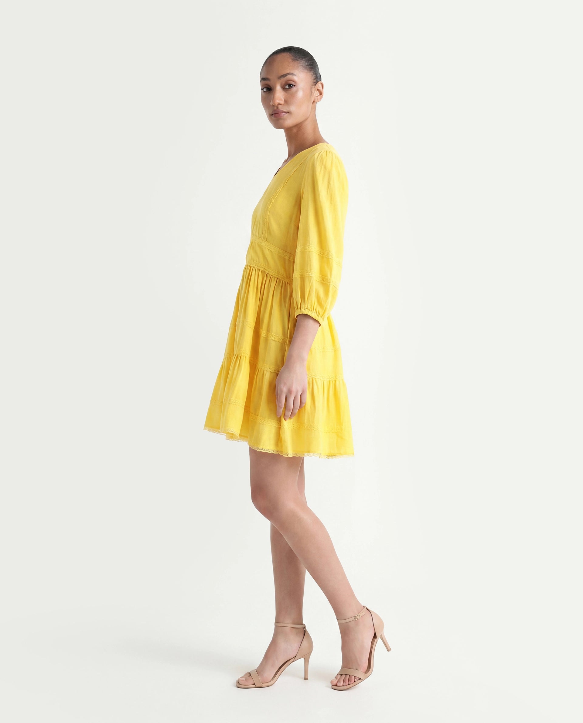 Rareism Women's Meruf Yellow Polyester Blend V-Neck Plain Balloon Sleeve Mini Regular Fit Dress