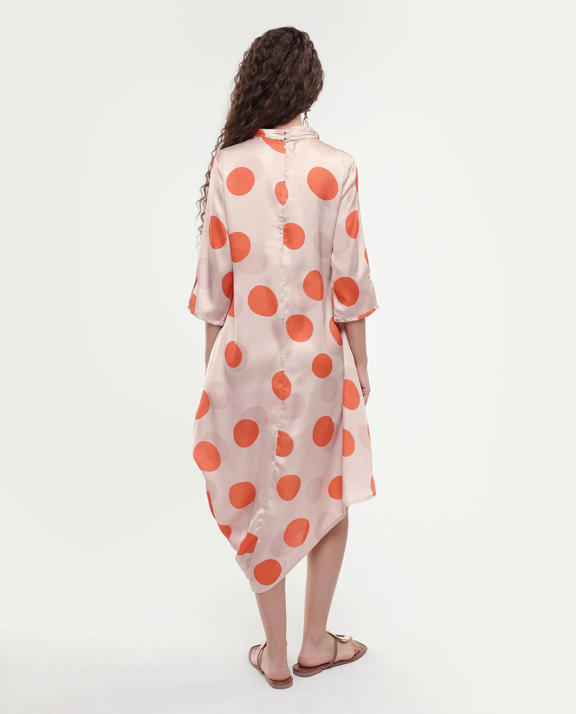 Rareism Women's Nia Light Beige Polyester High Neck Polka Print Midi Relaxed Fit Dress