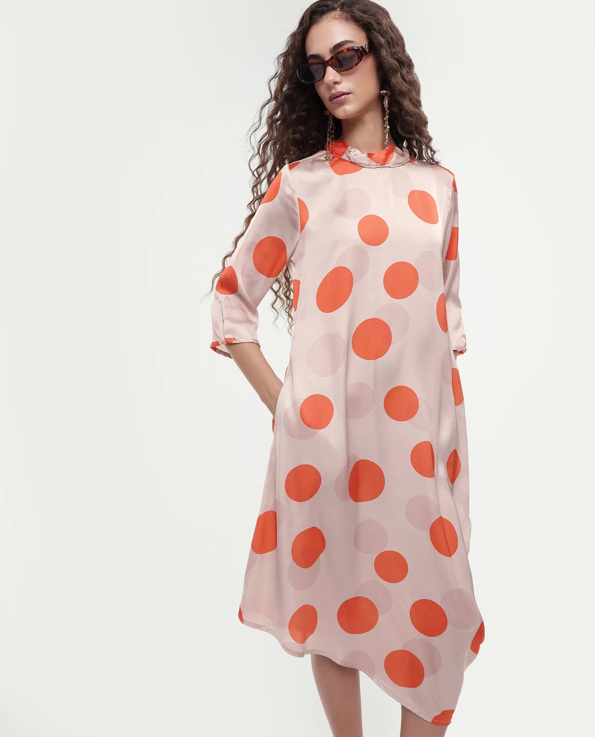 Rareism Women's Nia Light Beige Polyester High Neck Polka Print Midi Relaxed Fit Dress