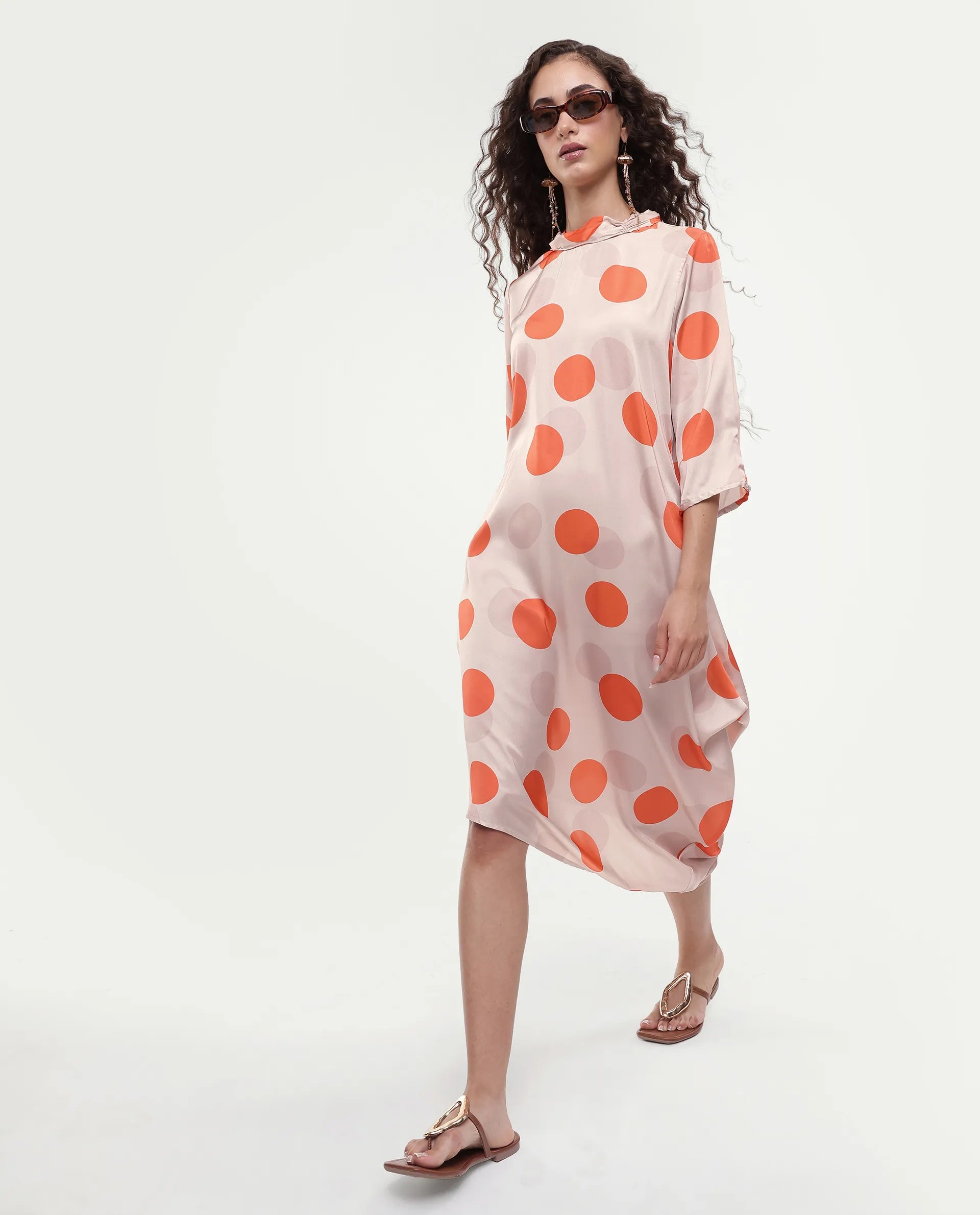 Rareism Women's Nia Light Beige Polyester High Neck Polka Print Midi Relaxed Fit Dress