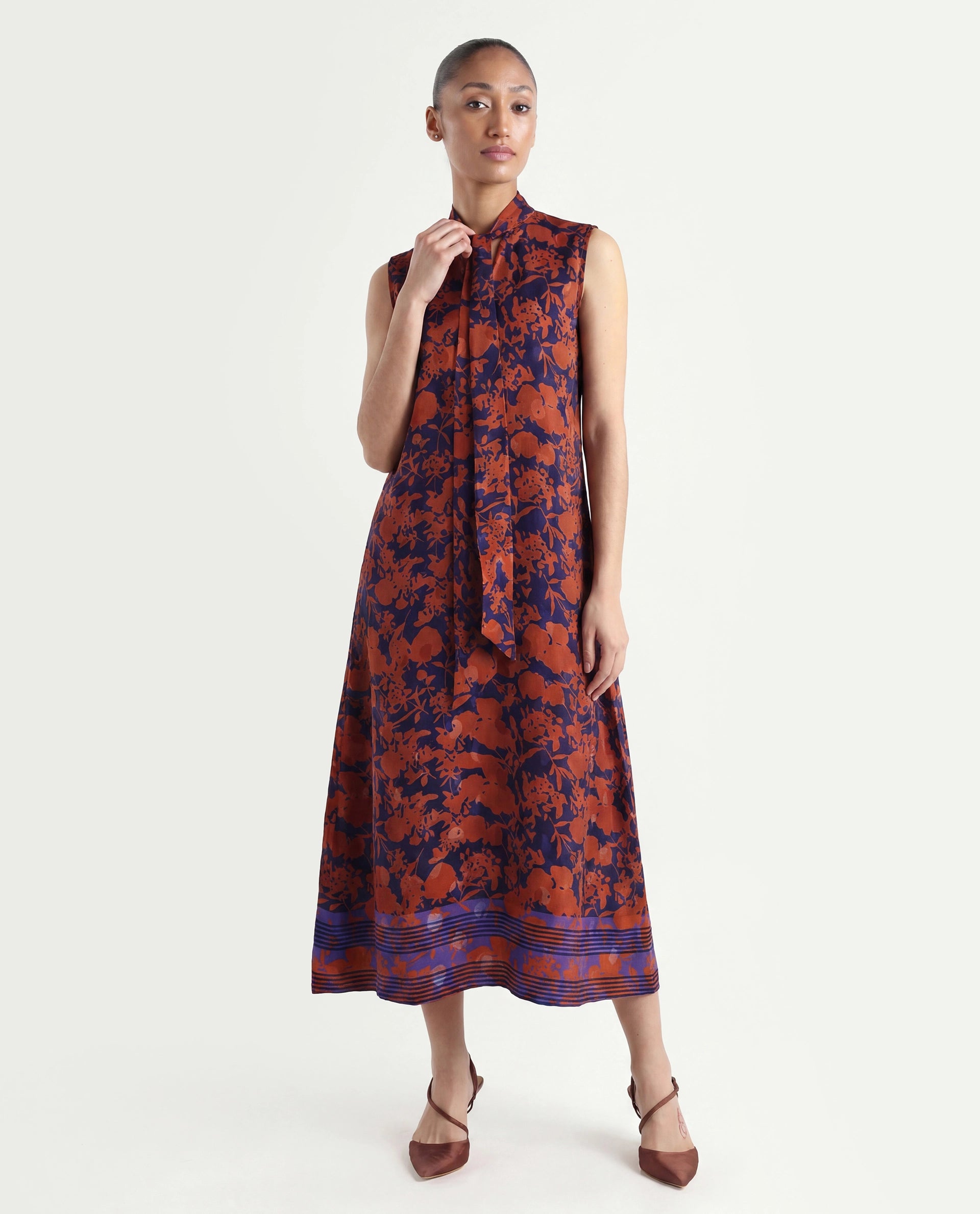 Rareism Women's Ellu Brown Polyester Tie-Up Neck Floral Print Sleeveless Knee Length Regular Fit Dress