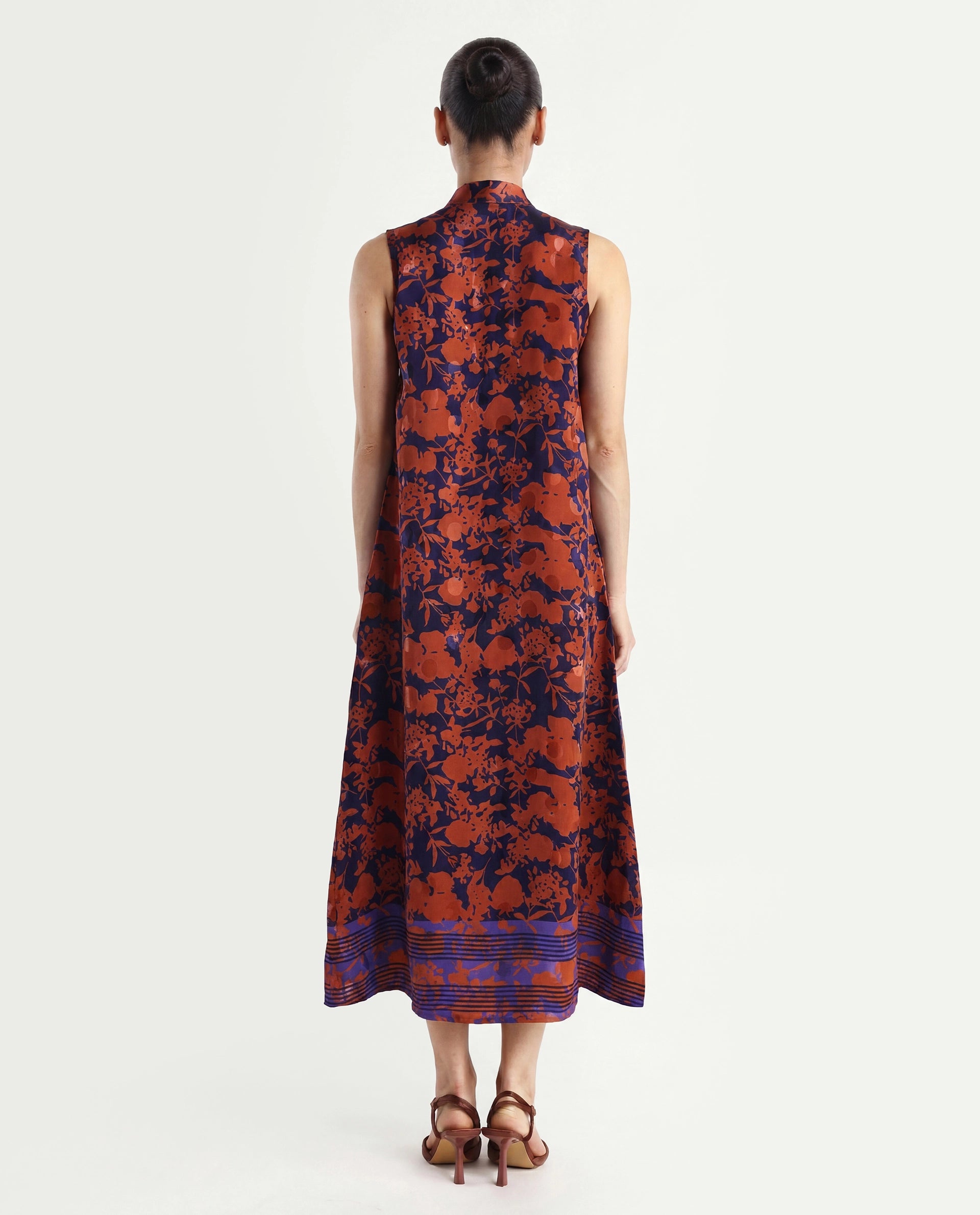 Rareism Women's Ellu Brown Polyester Tie-Up Neck Floral Print Sleeveless Knee Length Regular Fit Dress
