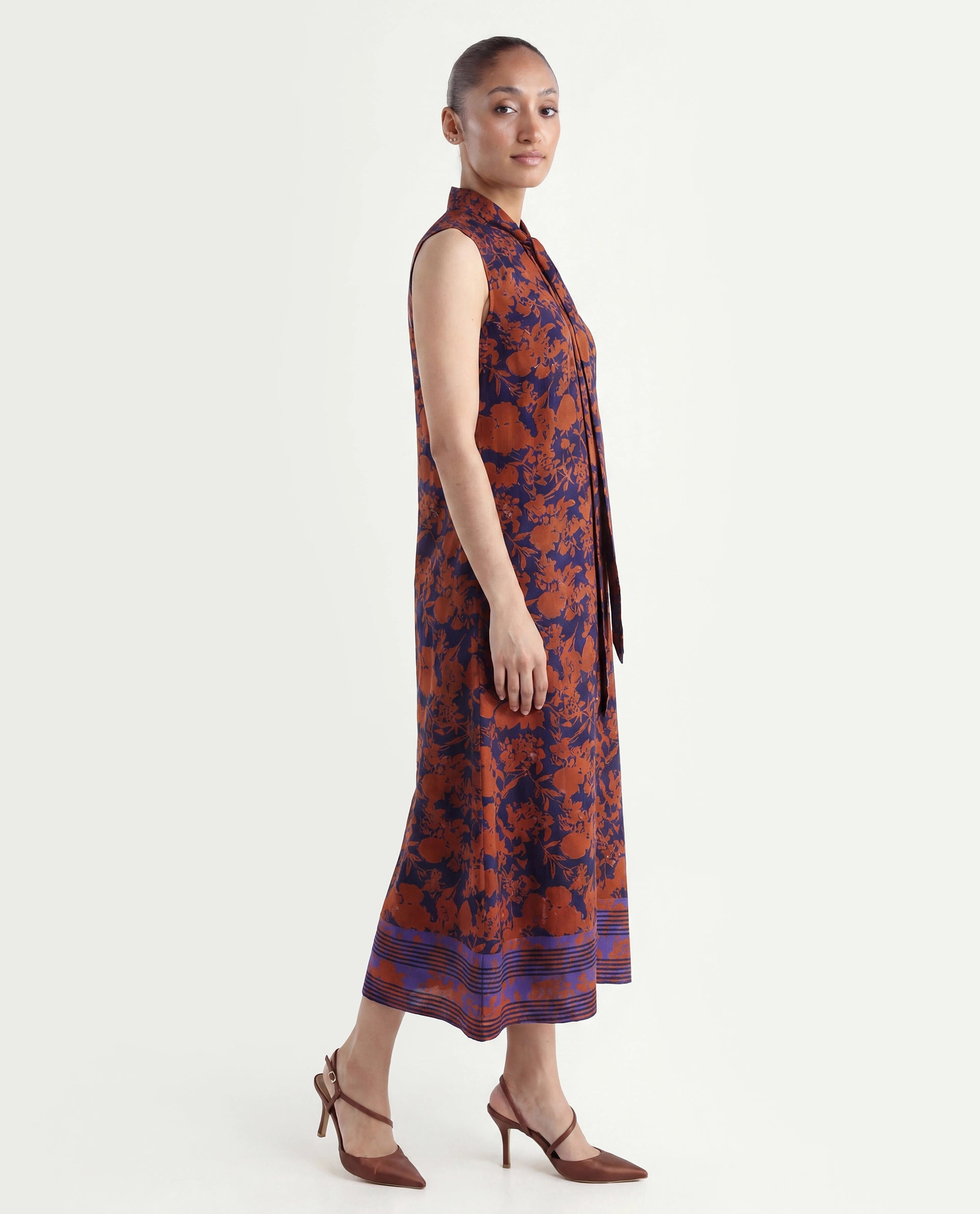 Rareism Women's Ellu Brown Polyester Tie-Up Neck Floral Print Sleeveless Knee Length Regular Fit Dress
