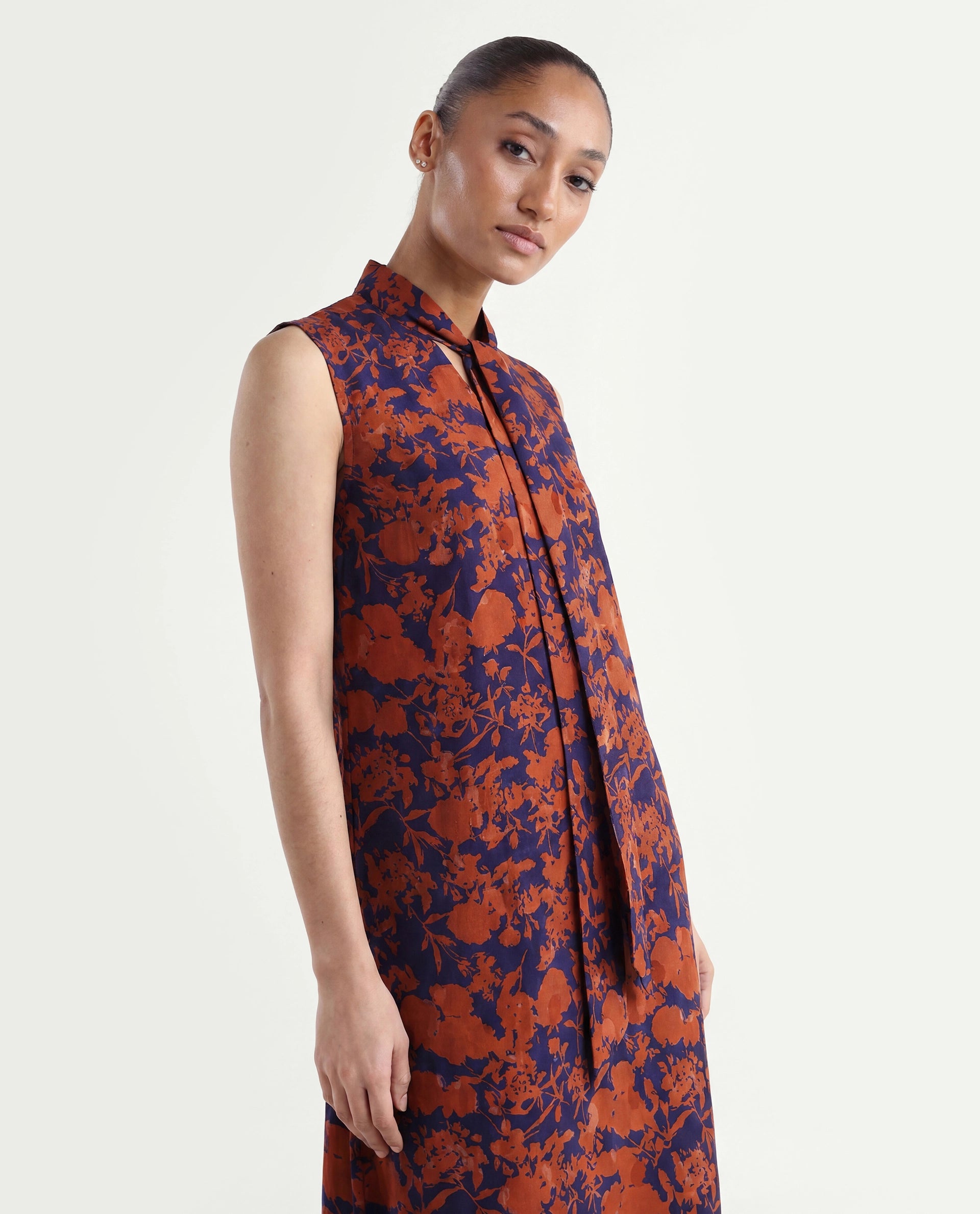 Rareism Women's Ellu Brown Polyester Tie-Up Neck Floral Print Sleeveless Knee Length Regular Fit Dress