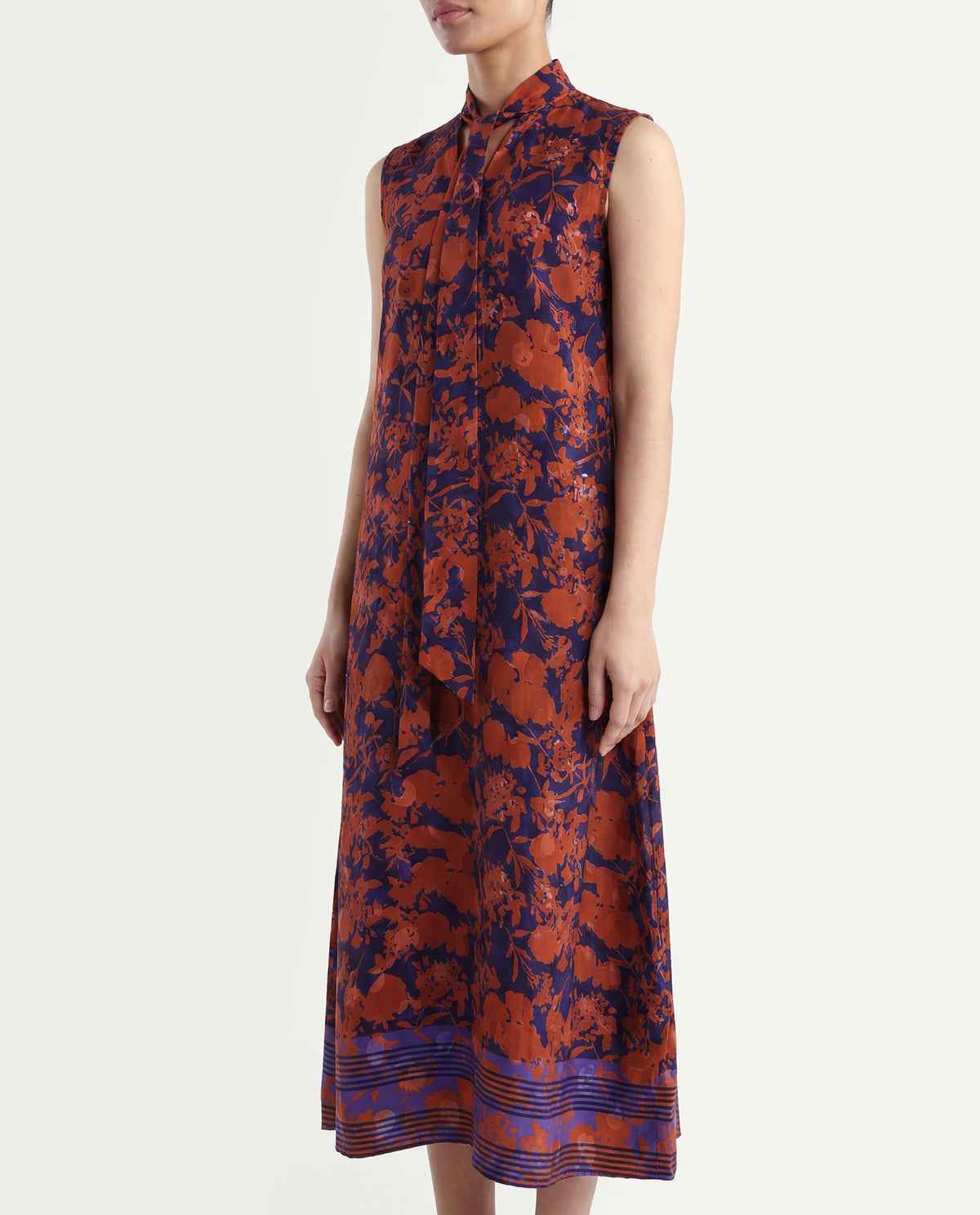 Rareism Women's Ellu Brown Polyester Tie-Up Neck Floral Print Sleeveless Knee Length Regular Fit Dress