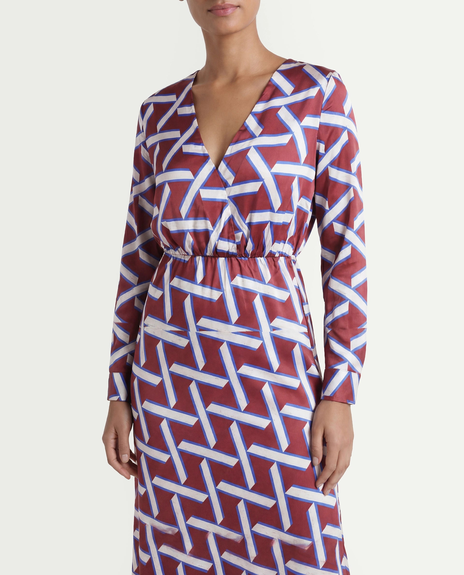 Rareism Women's Phara Brown Polyester V-Neck Geometric Print Maxi Regular Fit Dress