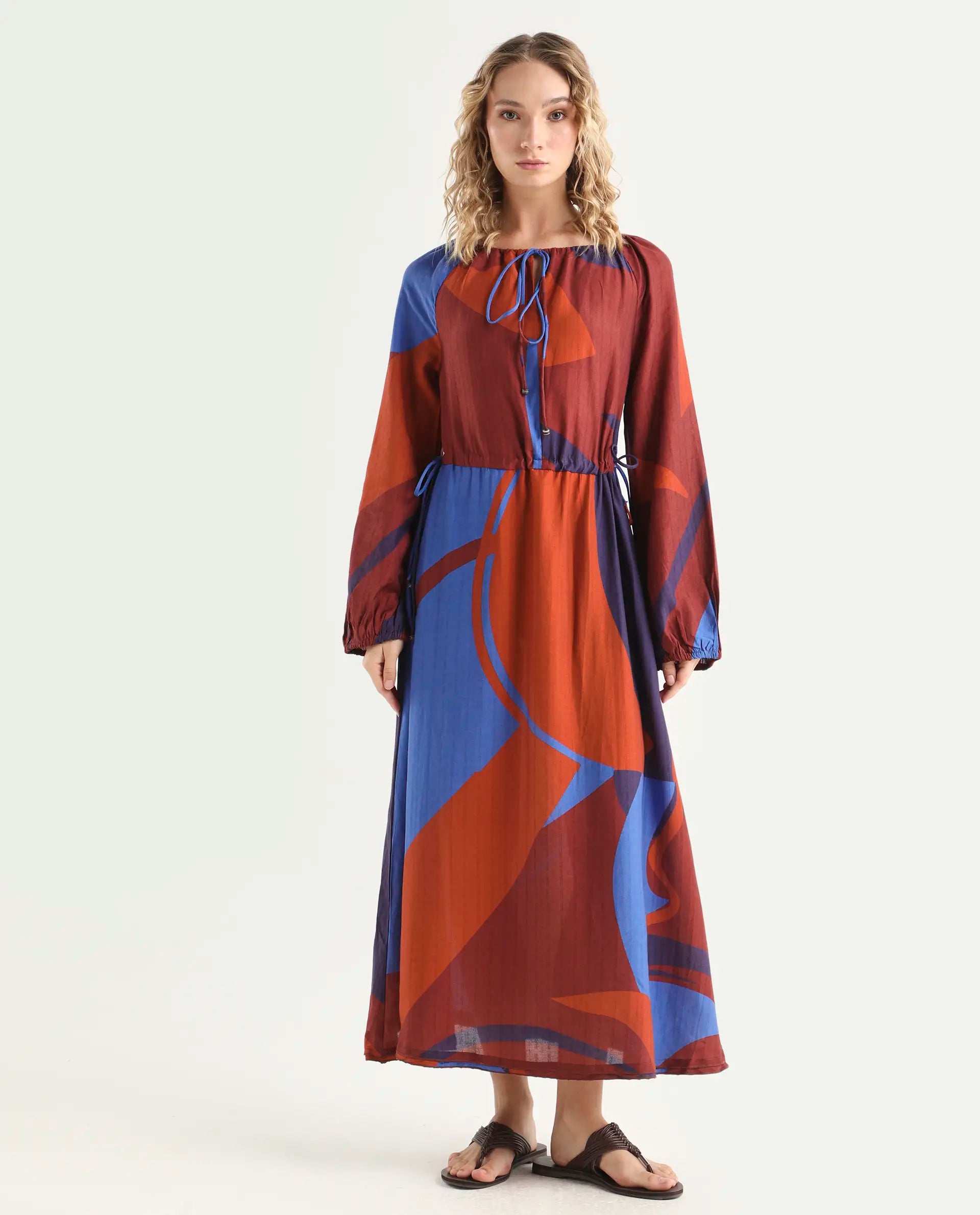 Rareism Women's Telor Brown Polyester Sweetheart Neck Abstract Print Balloon Sleeve Maxi Regular Fit Dress