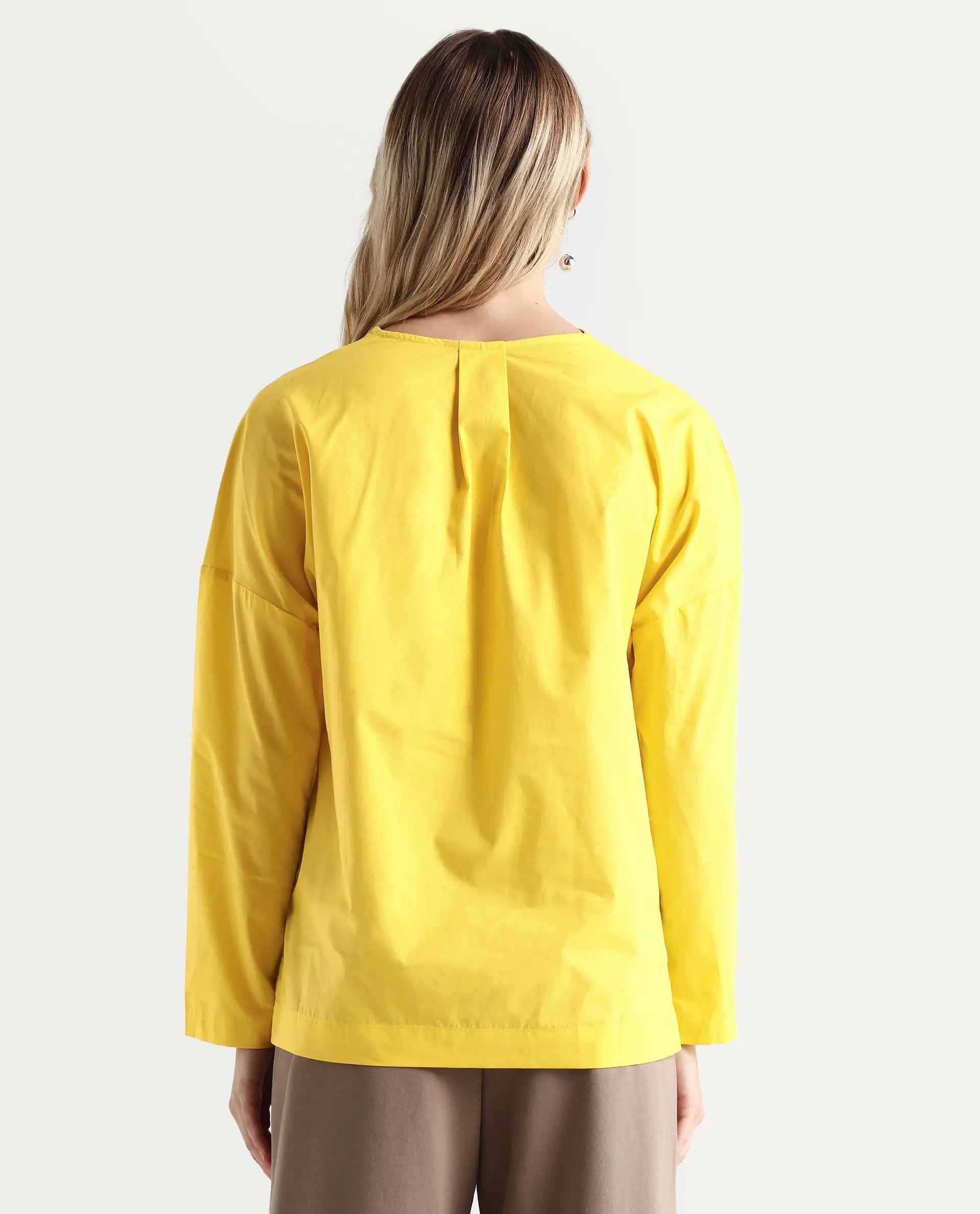 Rareism Women's Berge Yellow Polyester Lapel Neck Plain Regular Fit Top